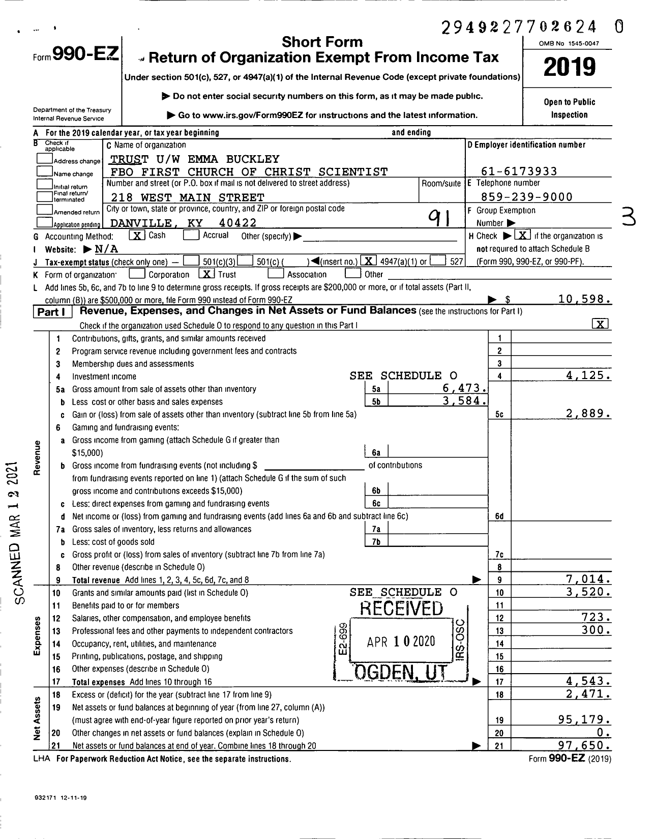 Image of first page of 2019 Form 990EO for Trust Uw Emma Buckley Fbo First Church of Christ Scientist