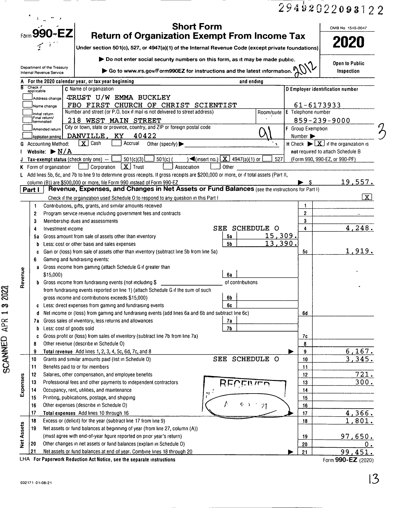 Image of first page of 2020 Form 990EO for Trust Uw Emma Buckley Fbo First Church of Christ Scientist