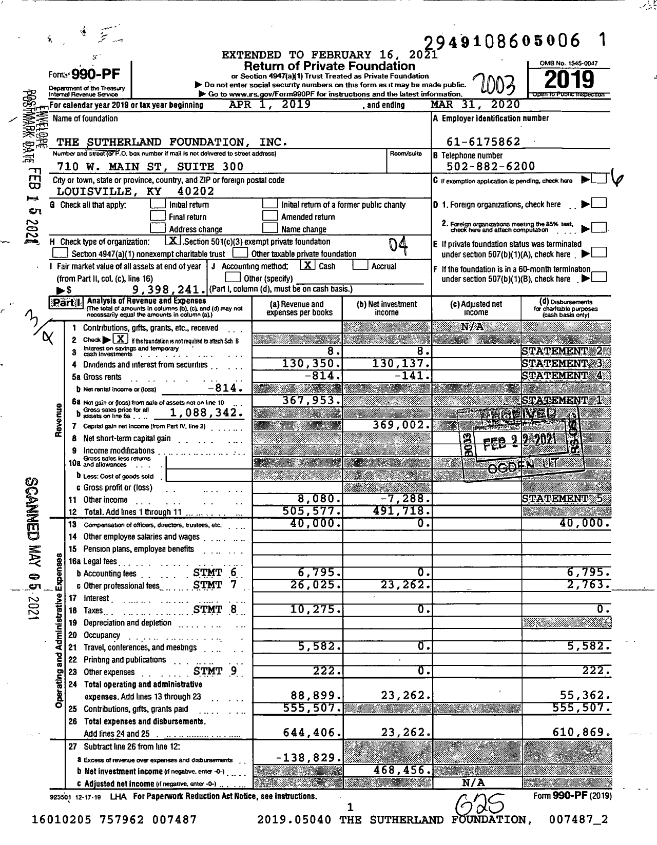 Image of first page of 2019 Form 990PF for The Sutherland Foundation