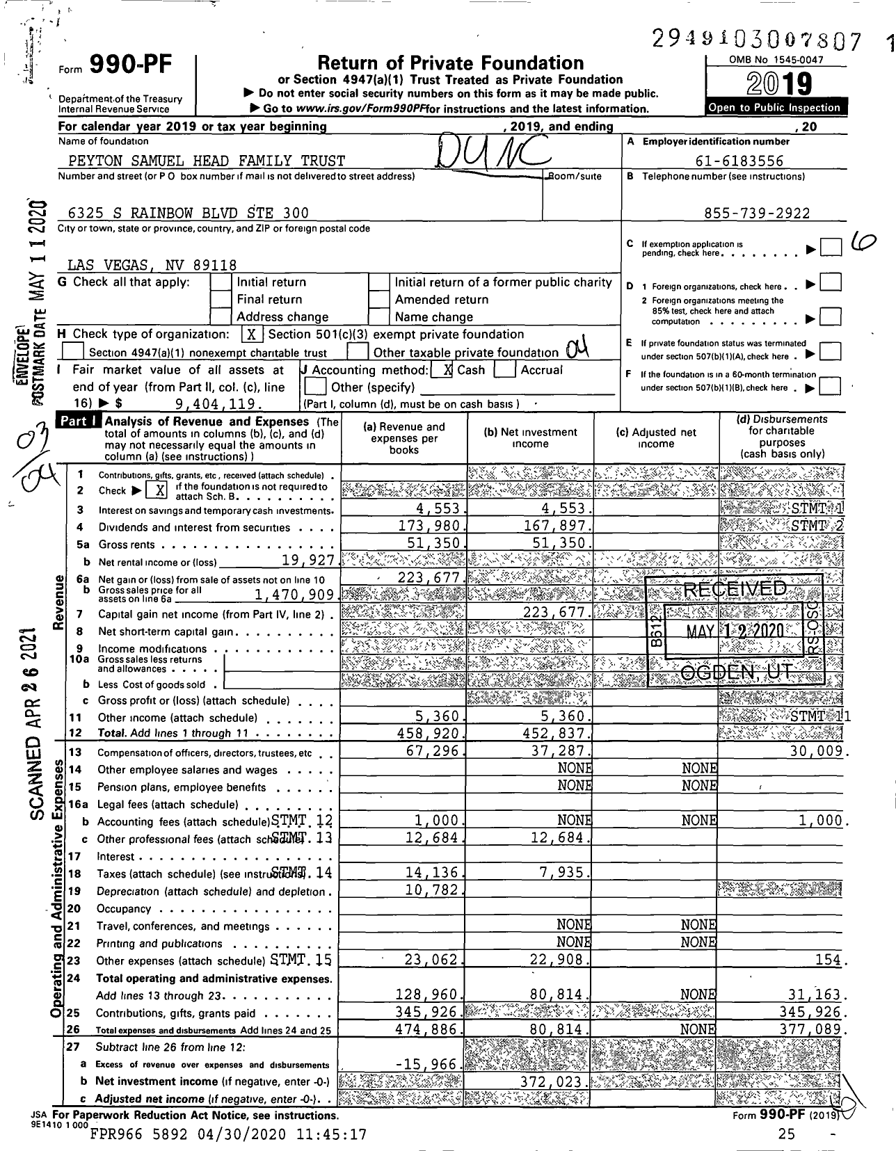 Image of first page of 2019 Form 990PF for Peyton Samuel Head Family Trust