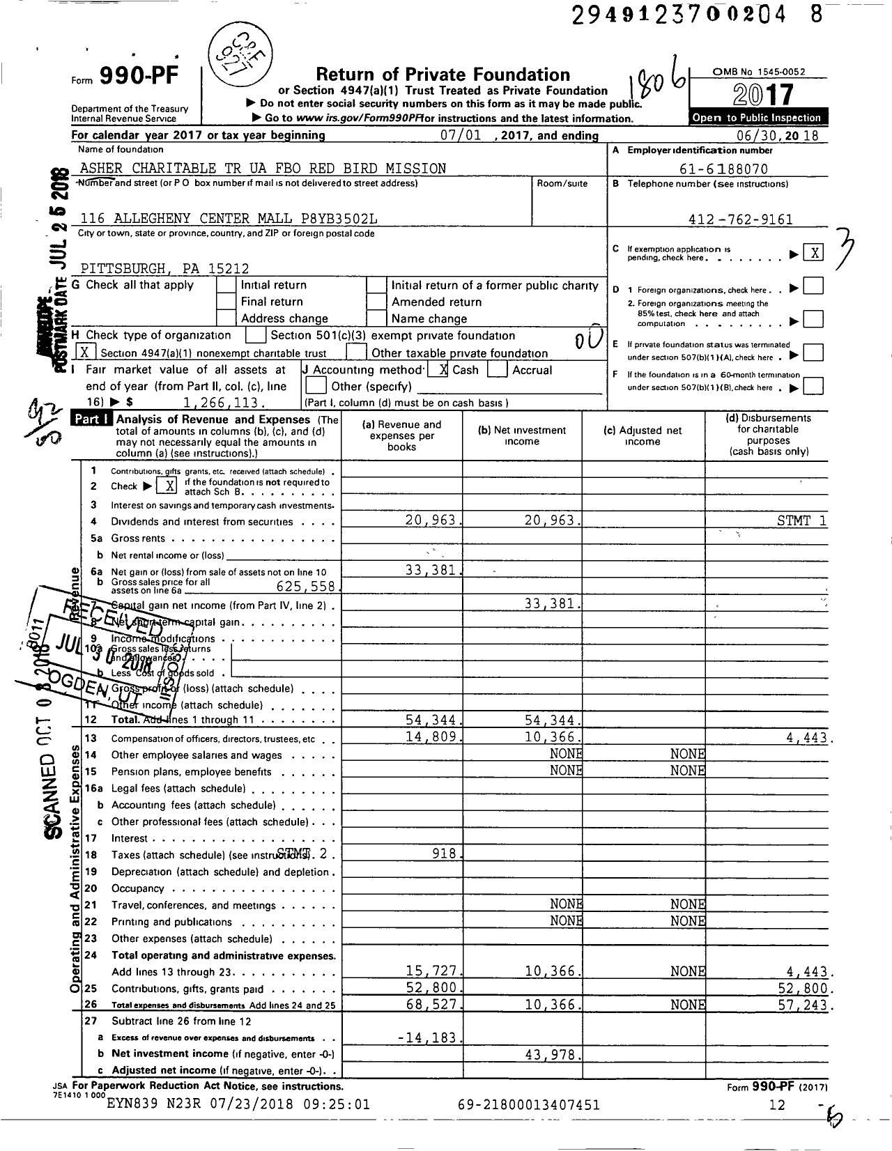 Image of first page of 2017 Form 990PF for Asher Charitable TR Fbo Red Bird Mission