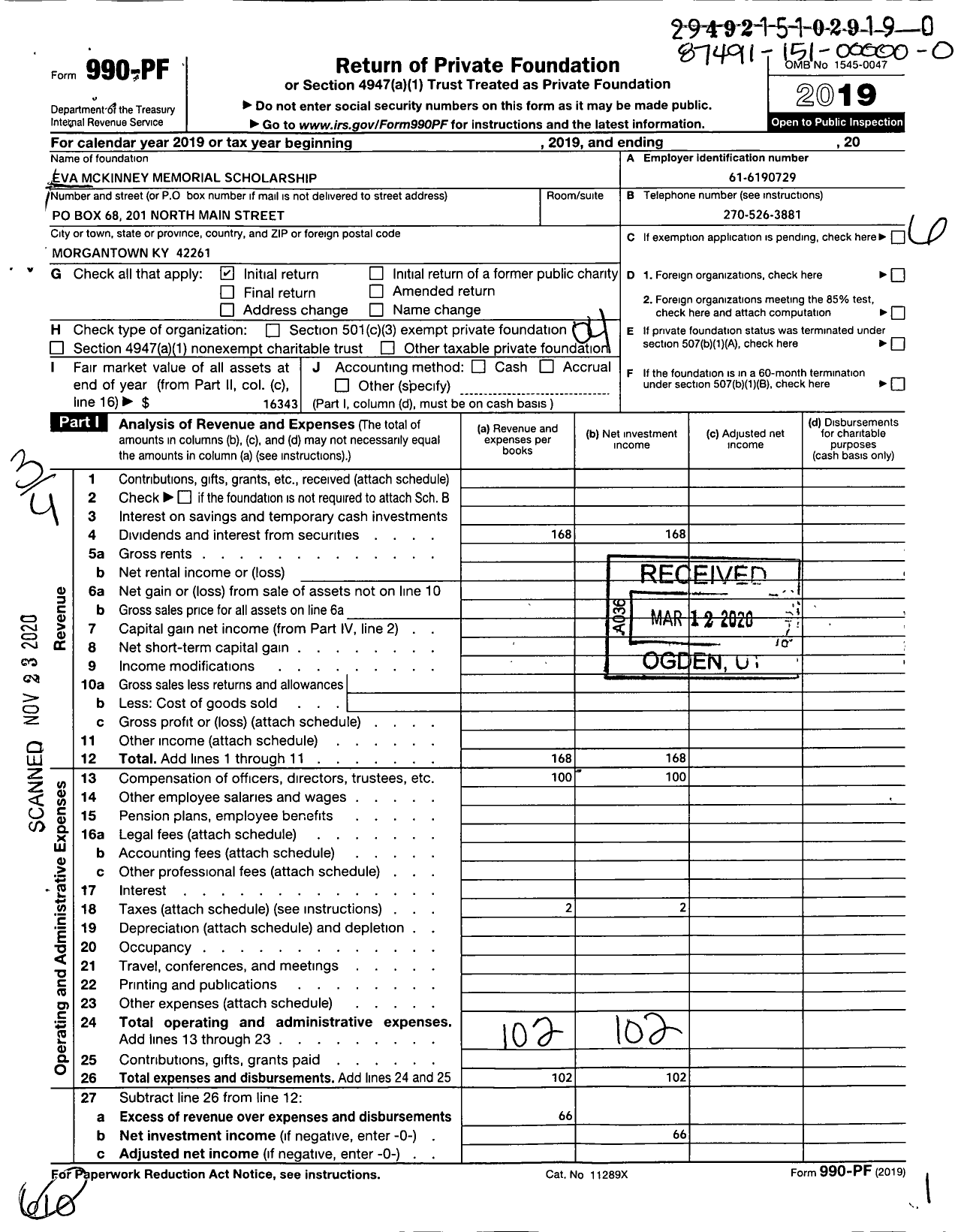 Image of first page of 2019 Form 990PF for Eva Mckinney Memorial Scholarship