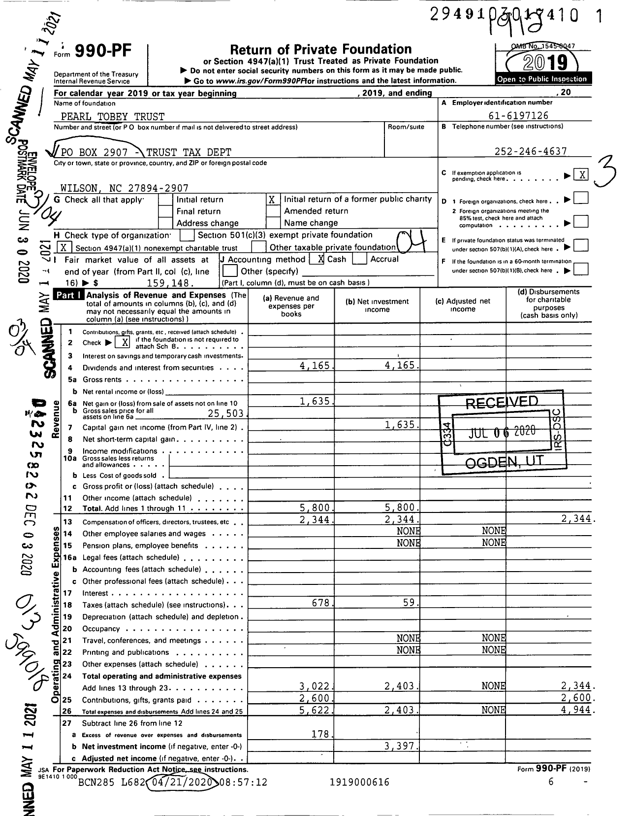 Image of first page of 2019 Form 990PF for Pearl Tobey Trust