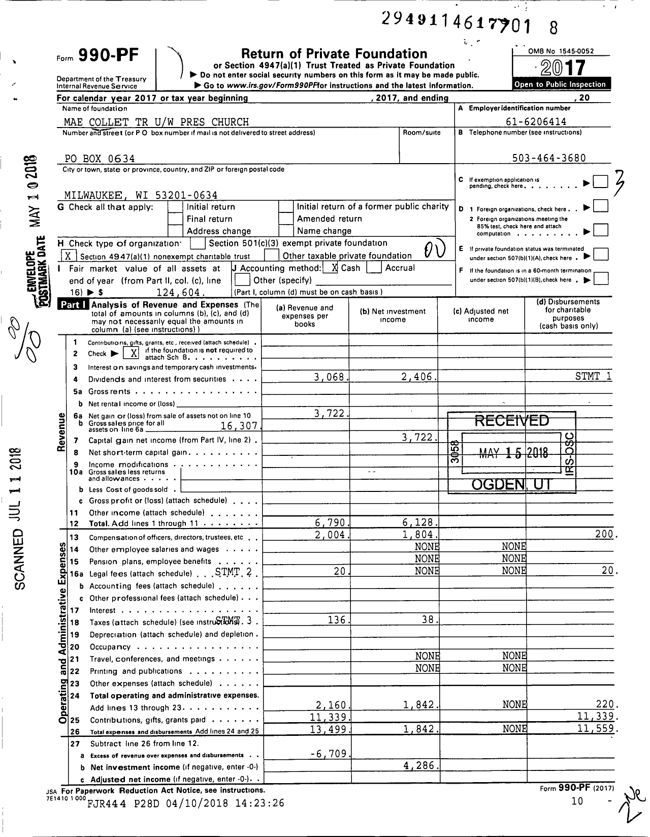 Image of first page of 2017 Form 990PF for Mae Collet TR Uw Pres Church