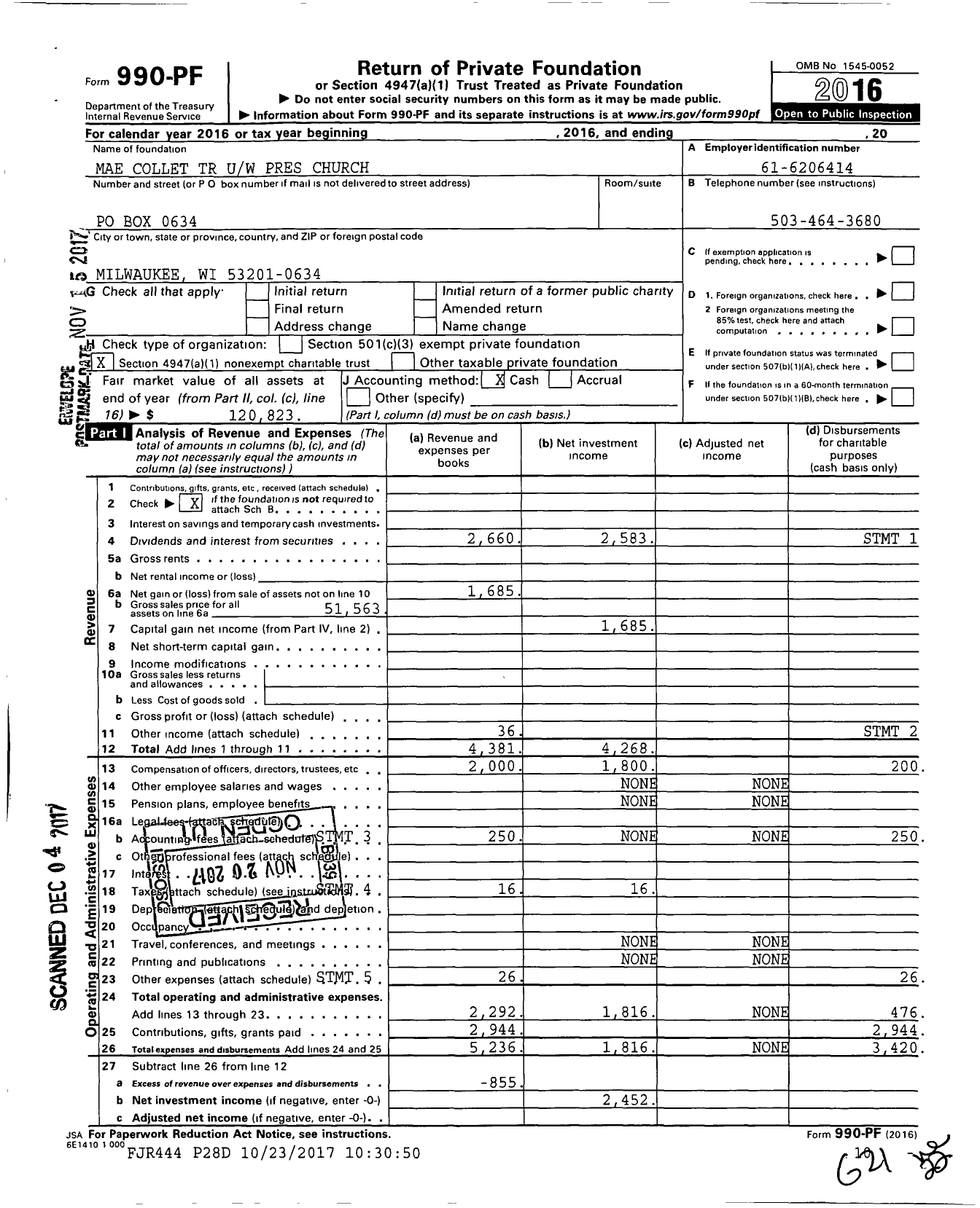 Image of first page of 2016 Form 990PF for Mae Collet TR Uw Pres Church