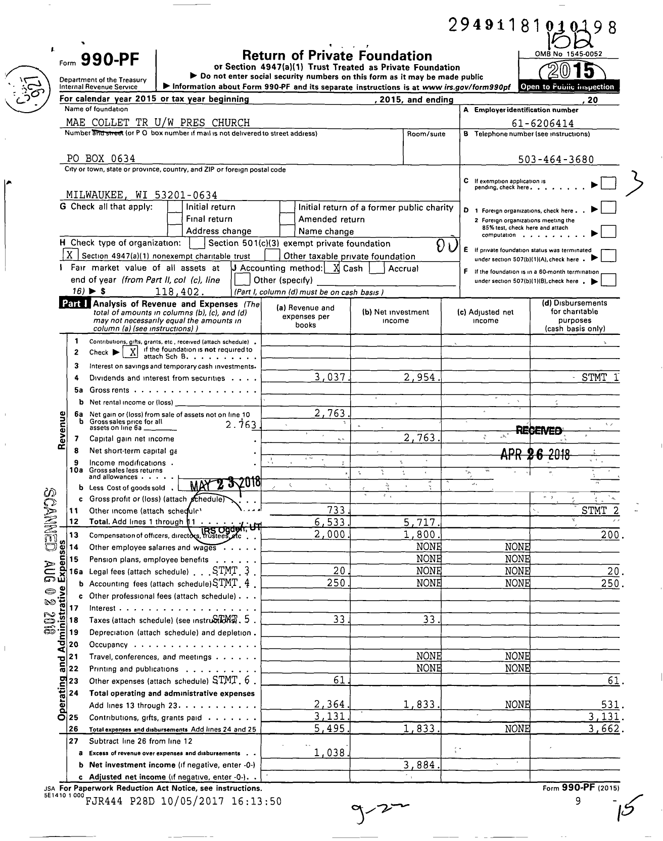 Image of first page of 2015 Form 990PF for Mae Collet TR Uw Pres Church