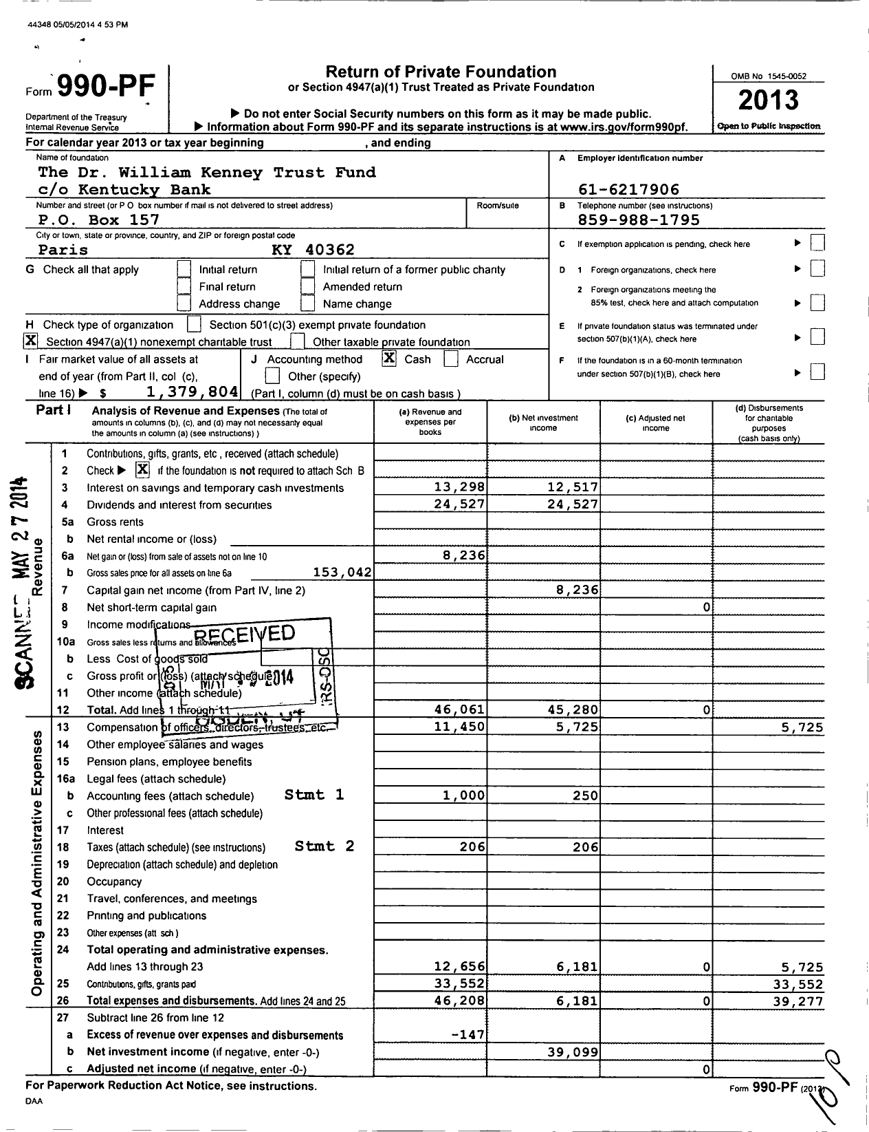 Image of first page of 2013 Form 990PF for The Dr William Kenney Trust Fund