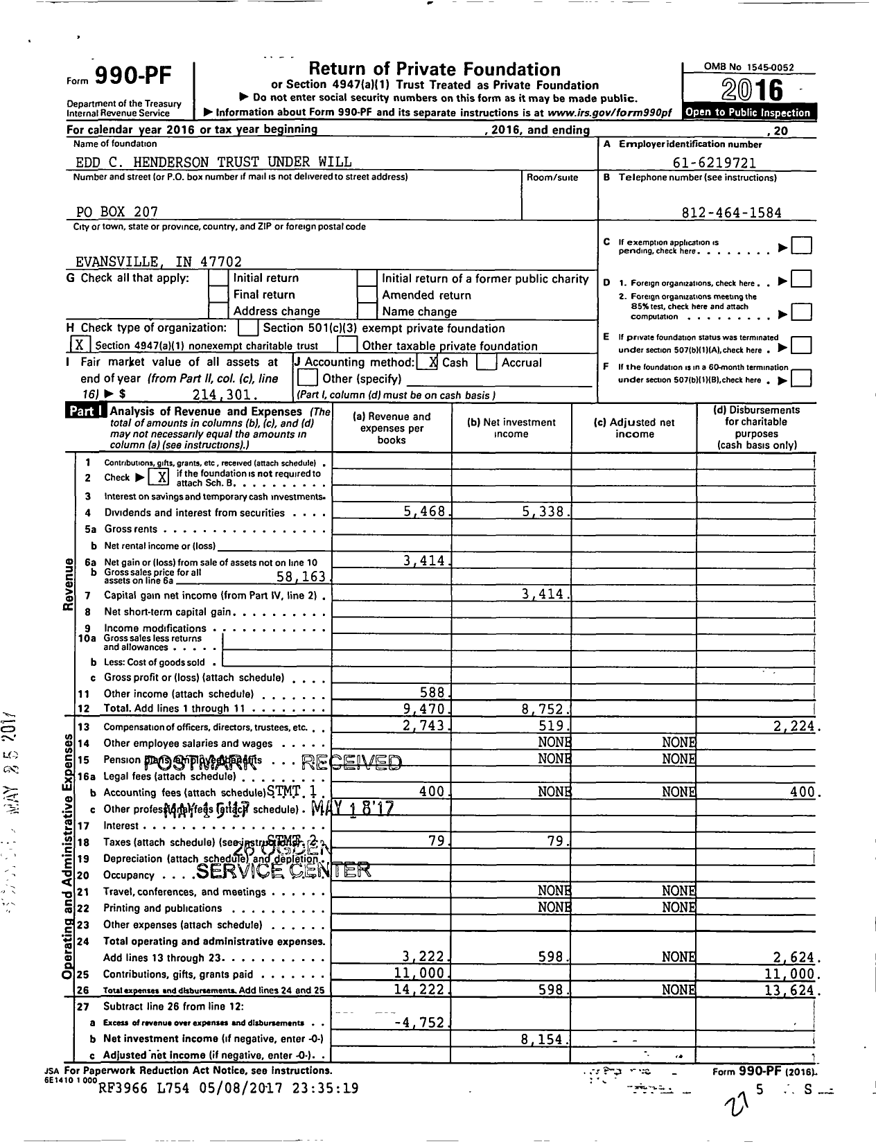 Image of first page of 2016 Form 990PF for Edd C Henderson Trust Under Will XXX-XX-XXXX