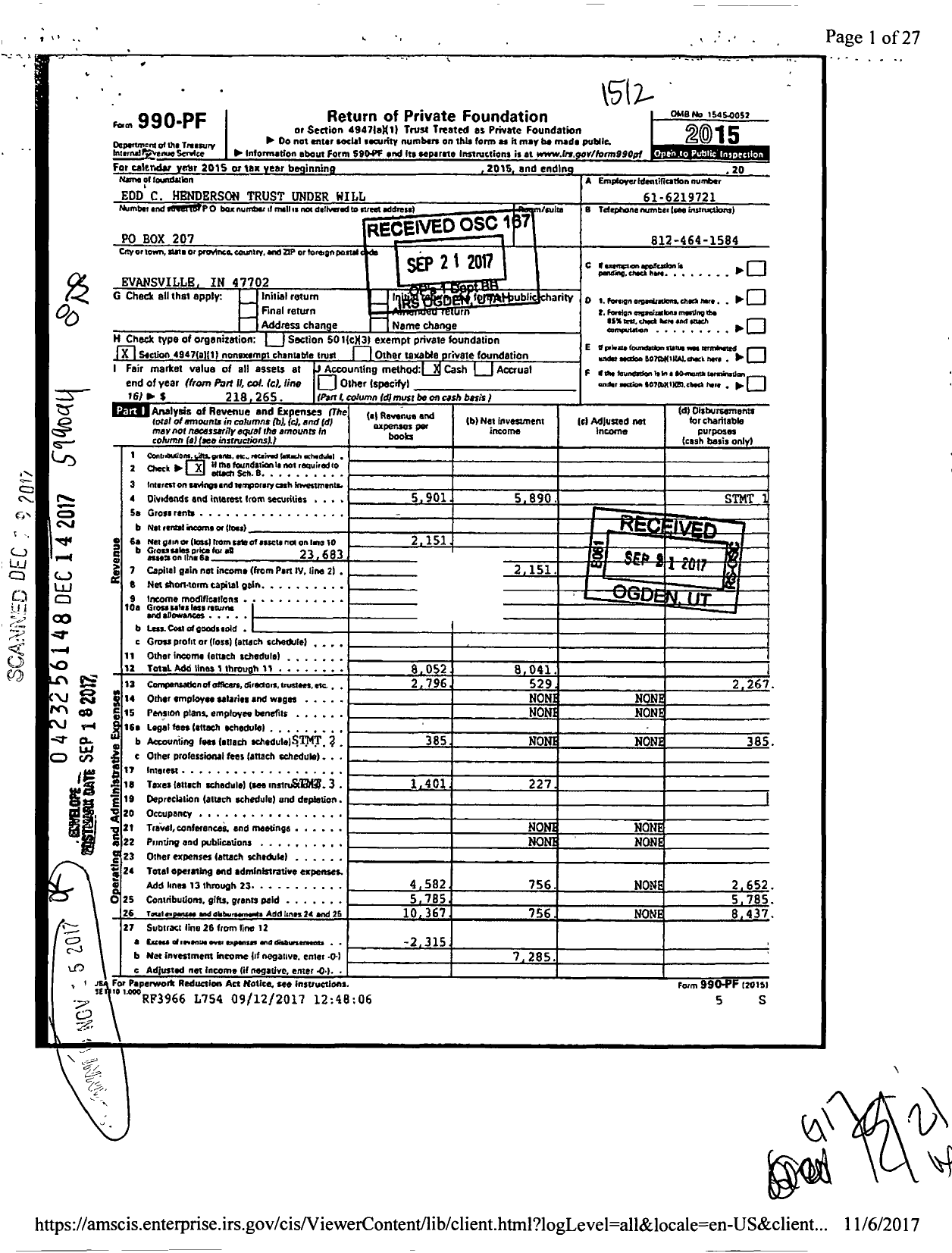 Image of first page of 2015 Form 990PF for Edd C Henderson Trust Under Will XXX-XX-XXXX