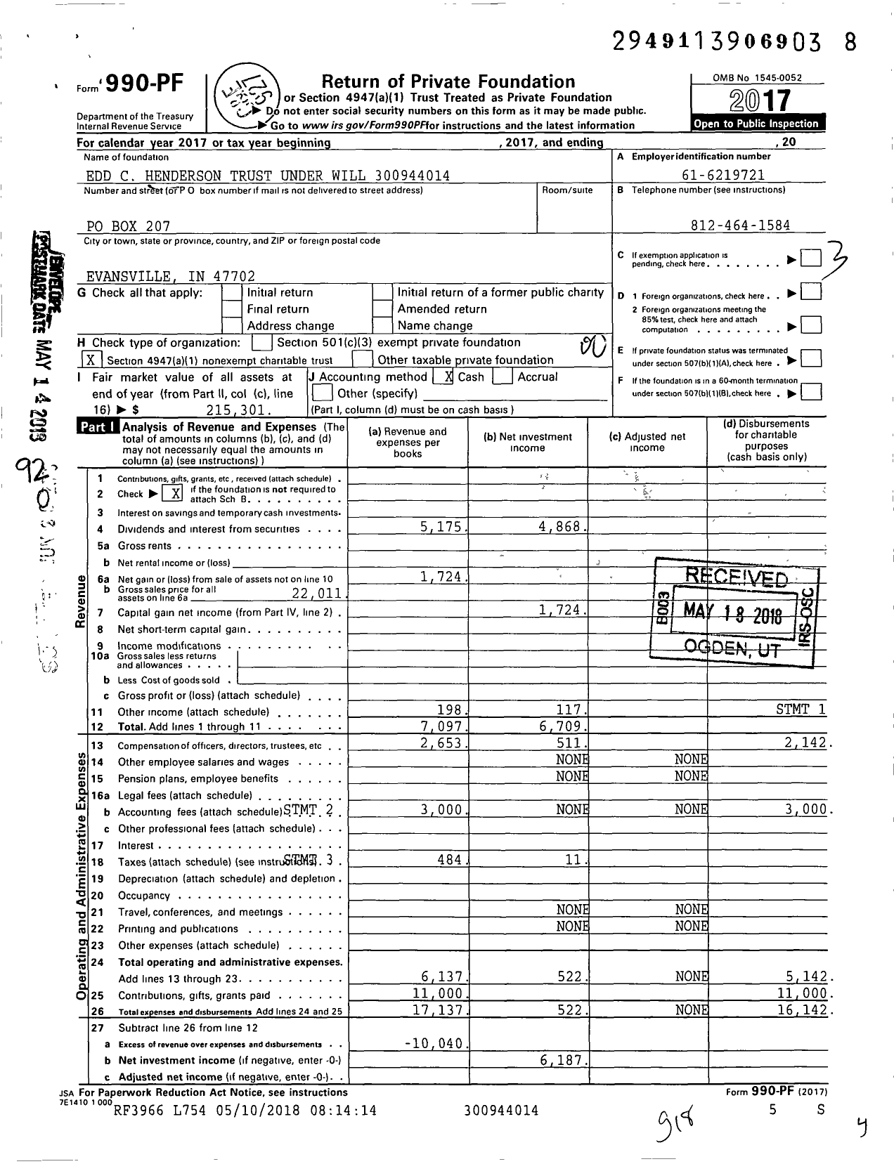 Image of first page of 2017 Form 990PF for Edd C Henderson Trust Under Will XXX-XX-XXXX