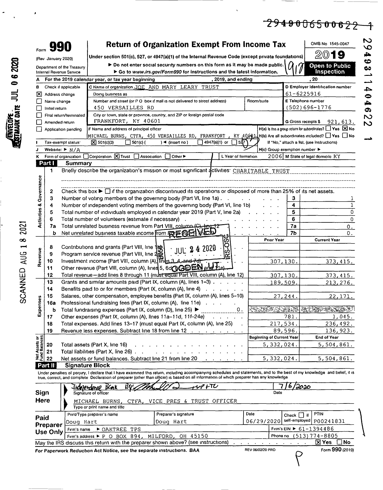 Image of first page of 2019 Form 990 for Joe and Mary Leary Trust