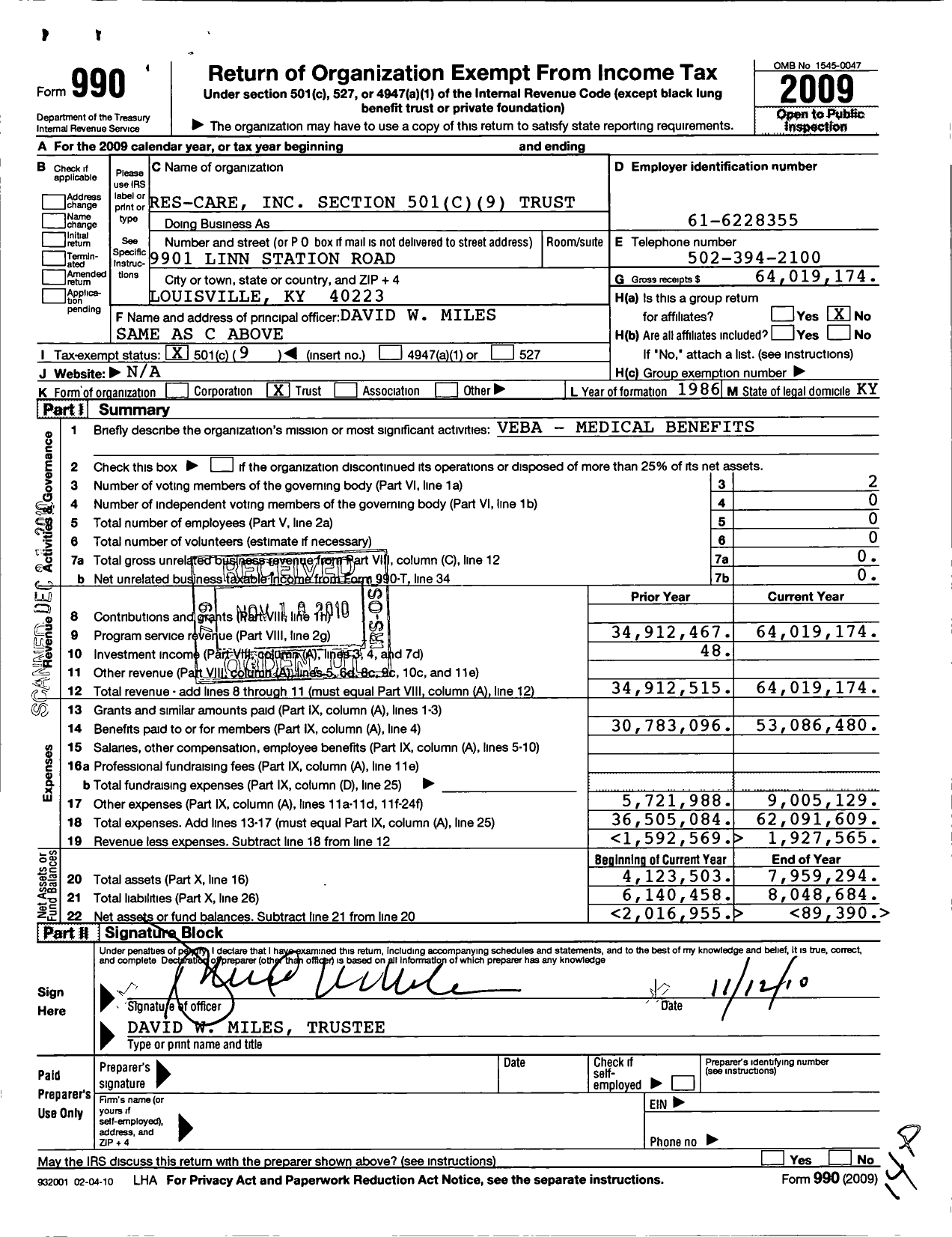 Image of first page of 2009 Form 990O for Res-Care Section 501 C9 Trust