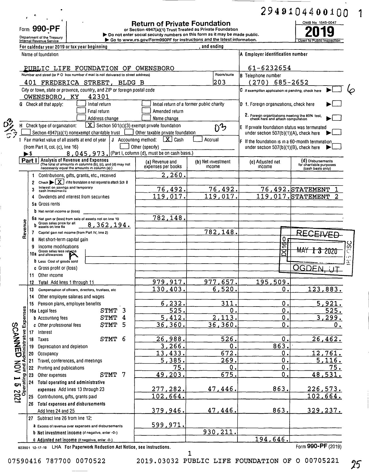 Image of first page of 2019 Form 990PF for Public Life Foundation of Owensboro