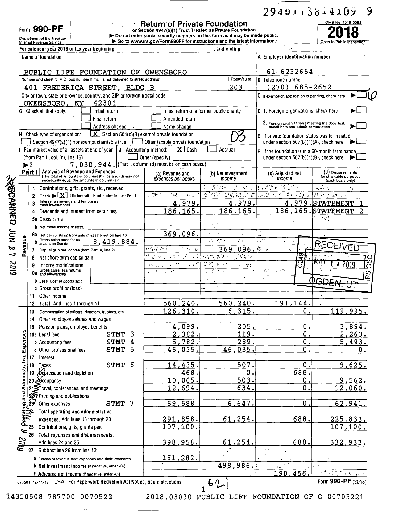 Image of first page of 2018 Form 990PF for Public Life Foundation of Owensboro