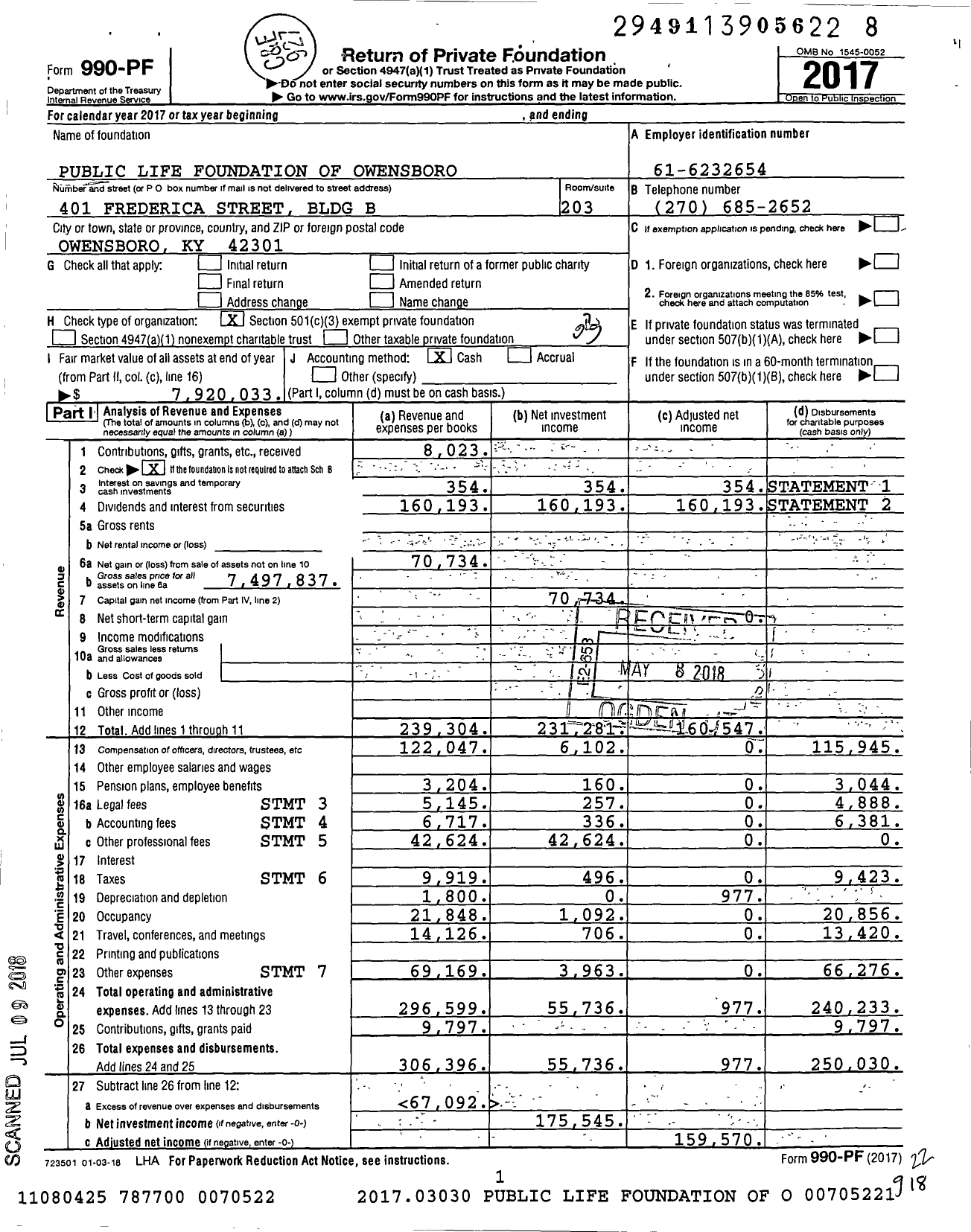 Image of first page of 2017 Form 990PF for Public Life Foundation of Owensboro