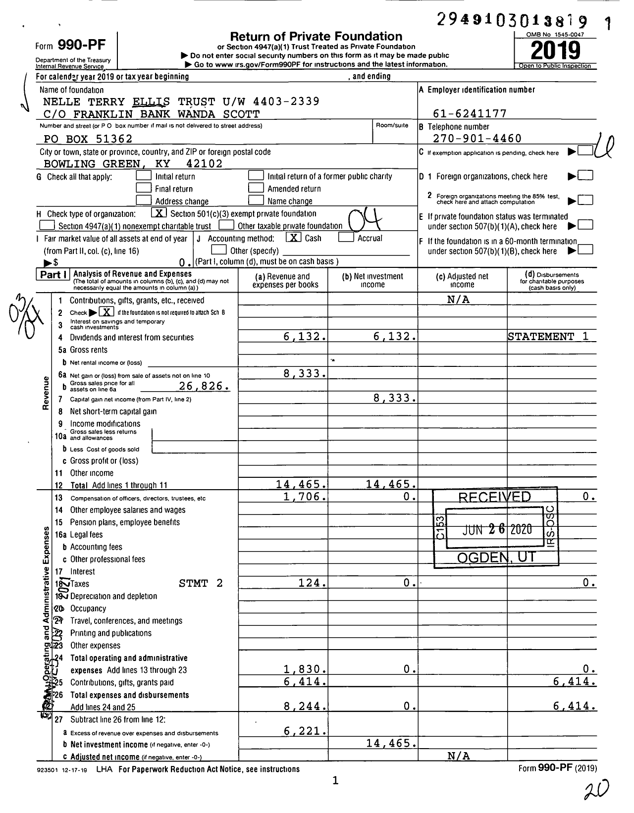 Image of first page of 2019 Form 990PF for Nelle Terry Ellis Trust Uw 4403-2339