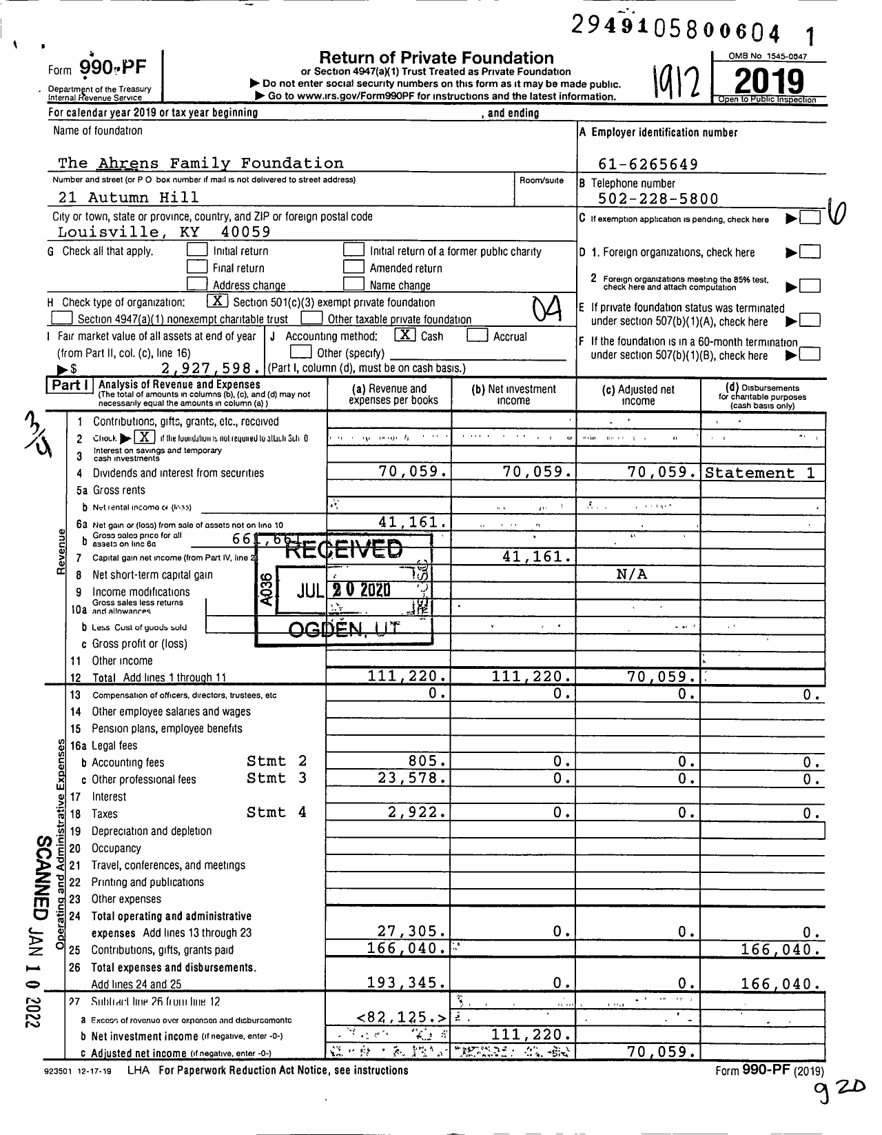 Image of first page of 2019 Form 990PF for The Ahrens Family Foundation