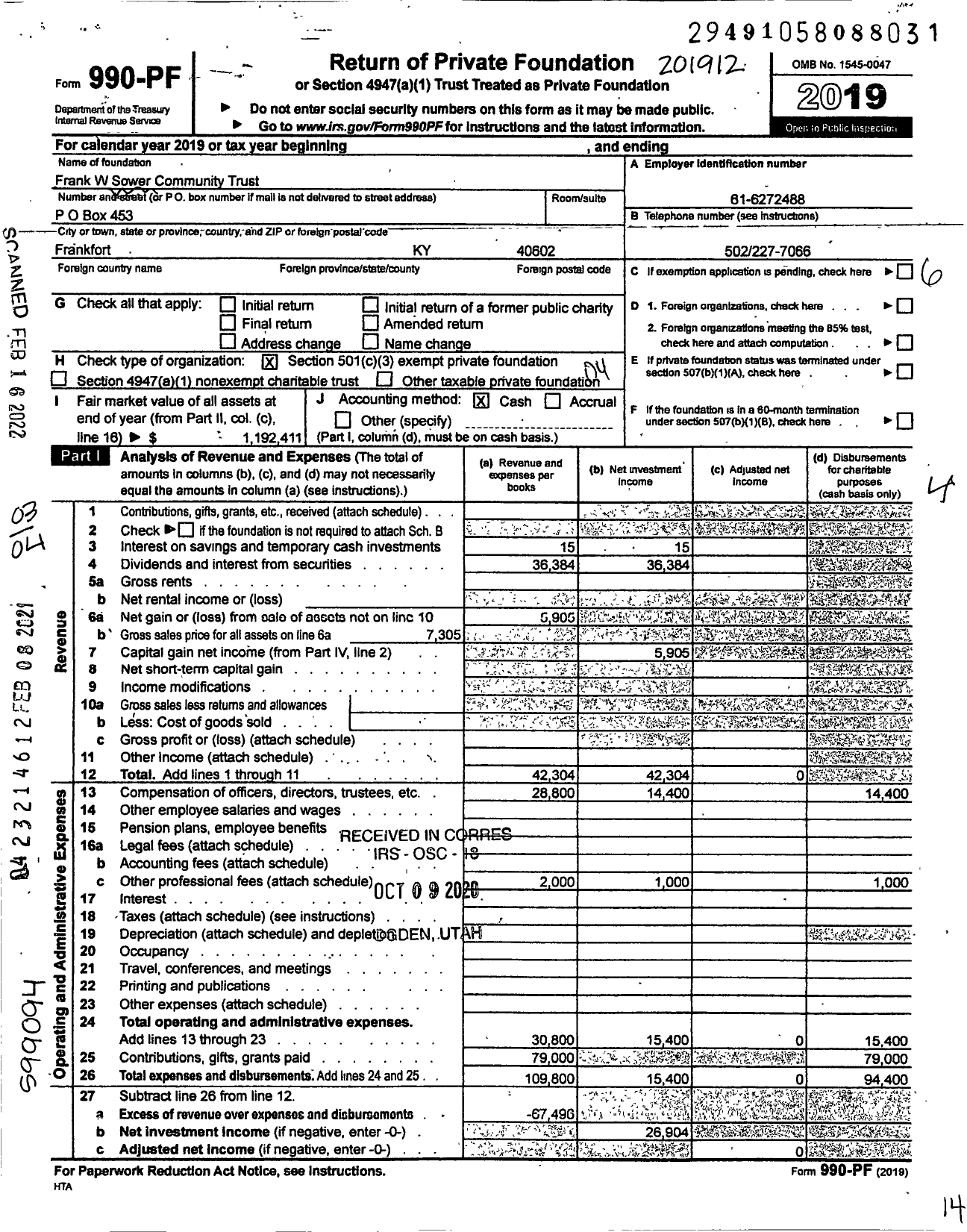 Image of first page of 2019 Form 990PF for Frank W Sower Community Trust