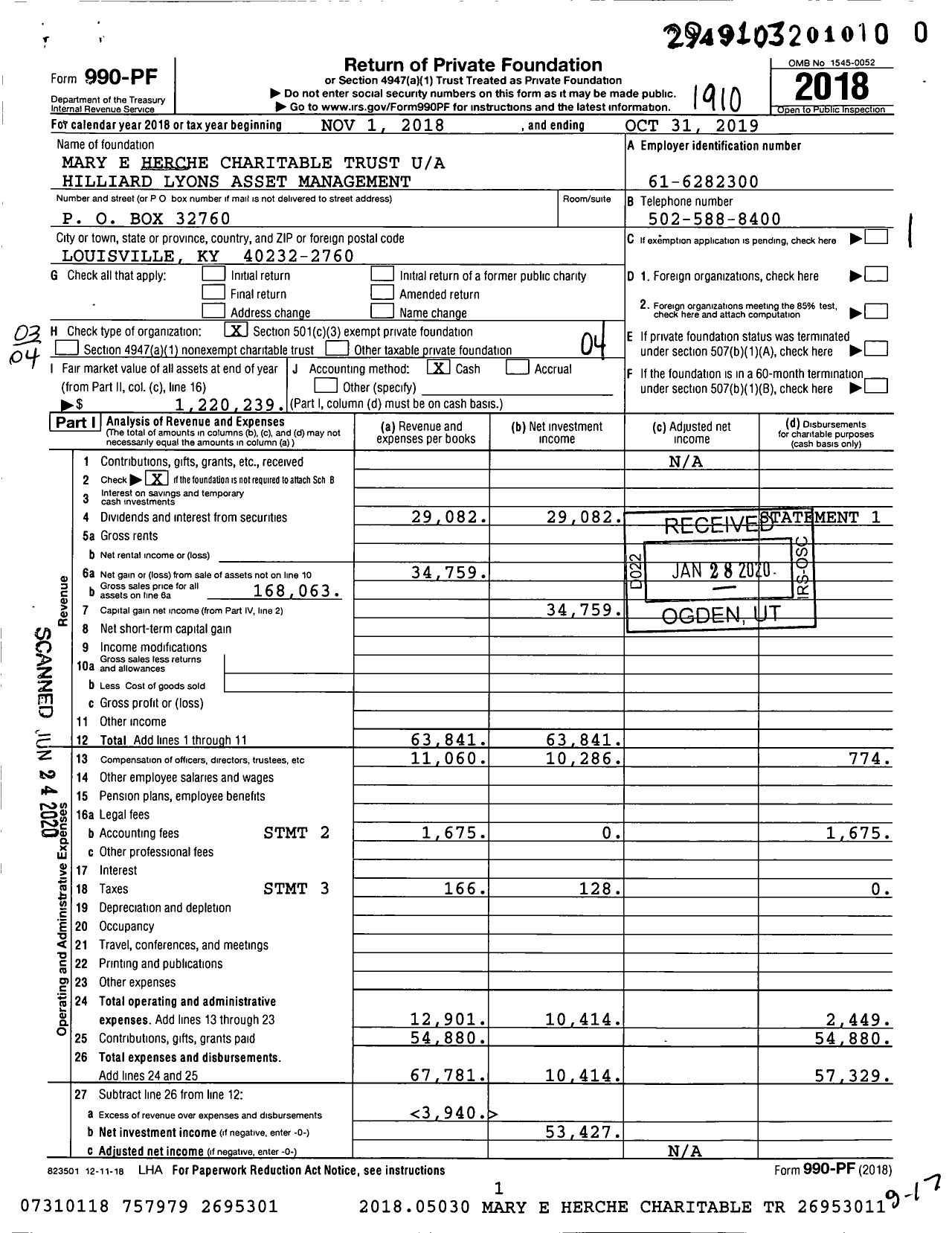 Image of first page of 2018 Form 990PR for Mary E Herche Charitable Trust