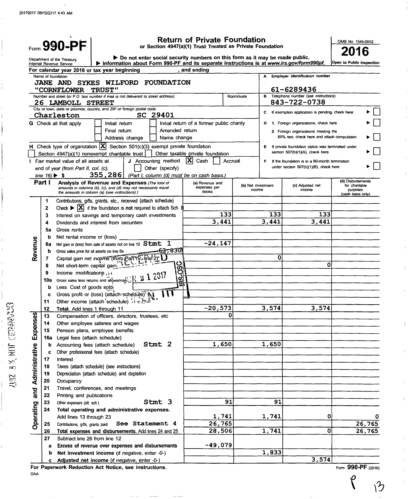 Image of first page of 2016 Form 990PF for Jane and Sykes Wilford Foundation