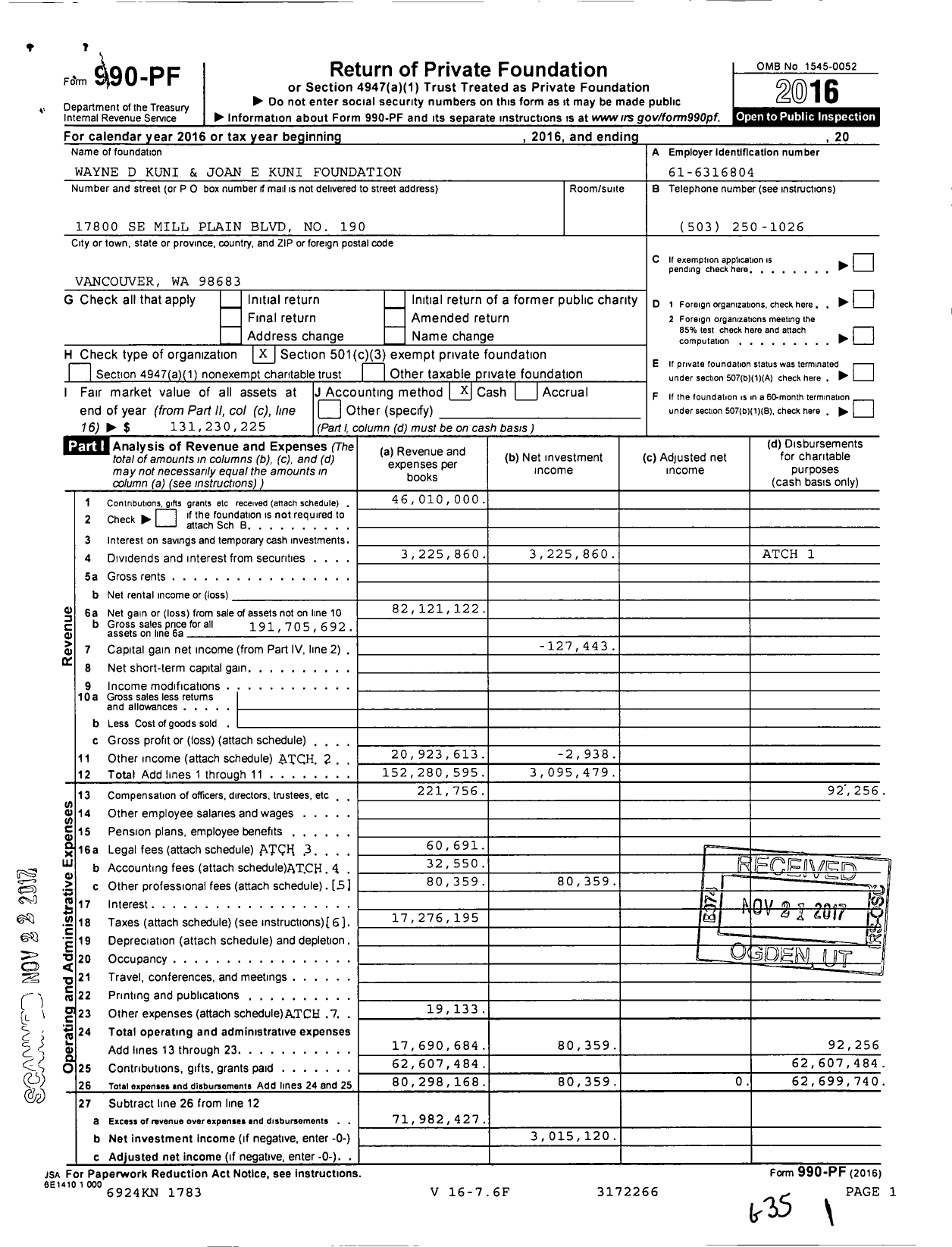 Image of first page of 2016 Form 990PF for Wayne D Kuni and Joan E Kuni Foundation