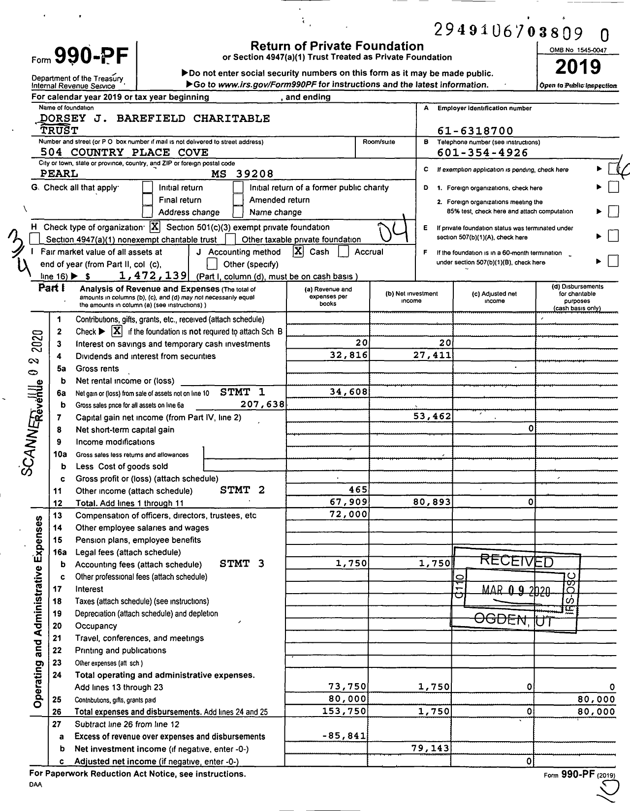 Image of first page of 2019 Form 990PR for Dorsey J Barefield Charitable Trust