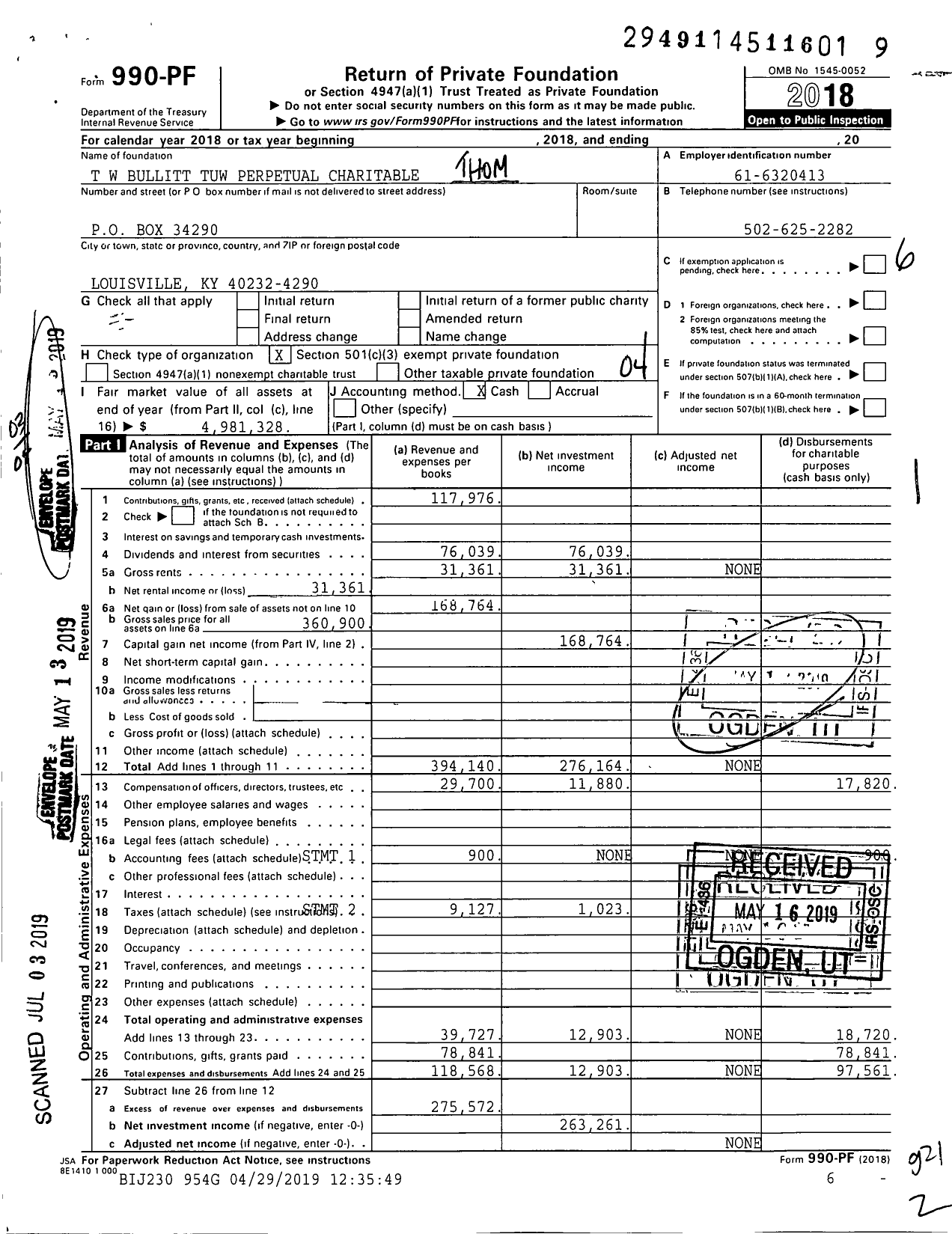 Image of first page of 2018 Form 990PF for T W Bullitt Tuw Perpetual Charitable