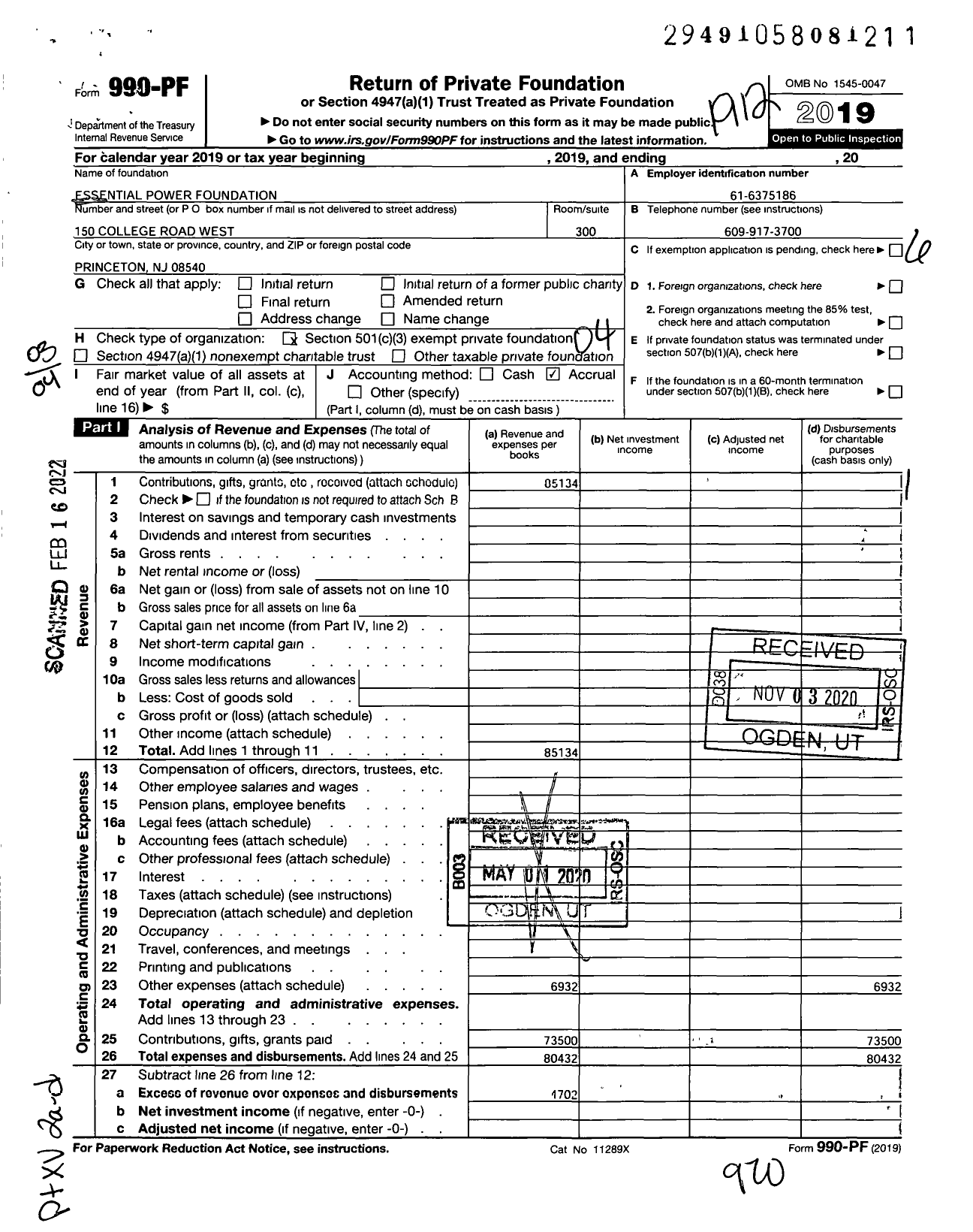 Image of first page of 2019 Form 990PF for Essential Power LLC