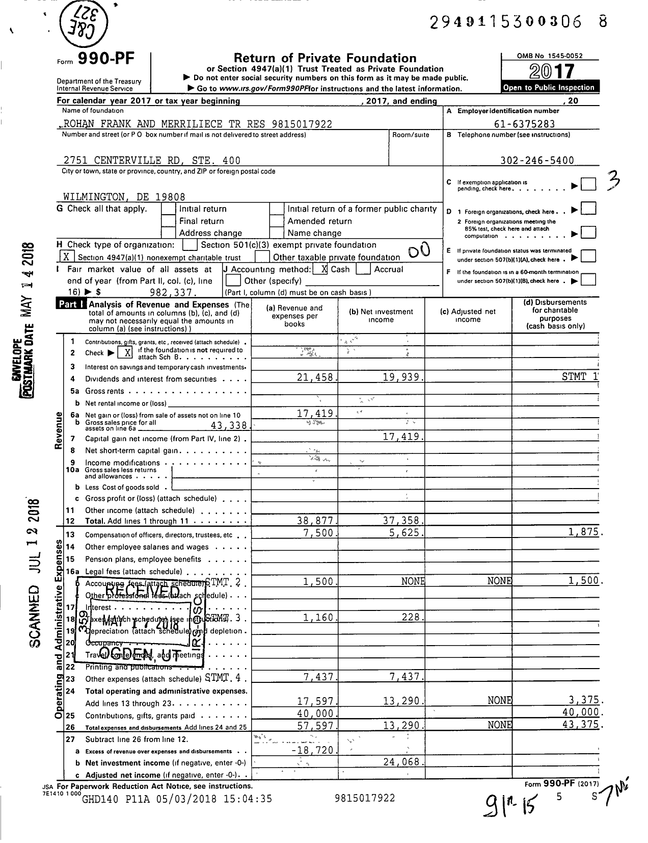 Image of first page of 2017 Form 990PF for Rohan Frank and Merriliece TR Res