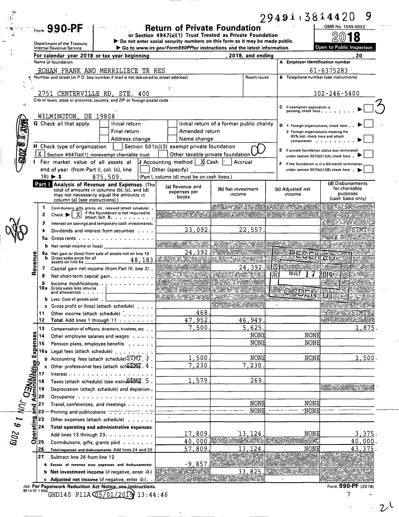 Image of first page of 2018 Form 990PF for Rohan Frank and Merriliece TR Res