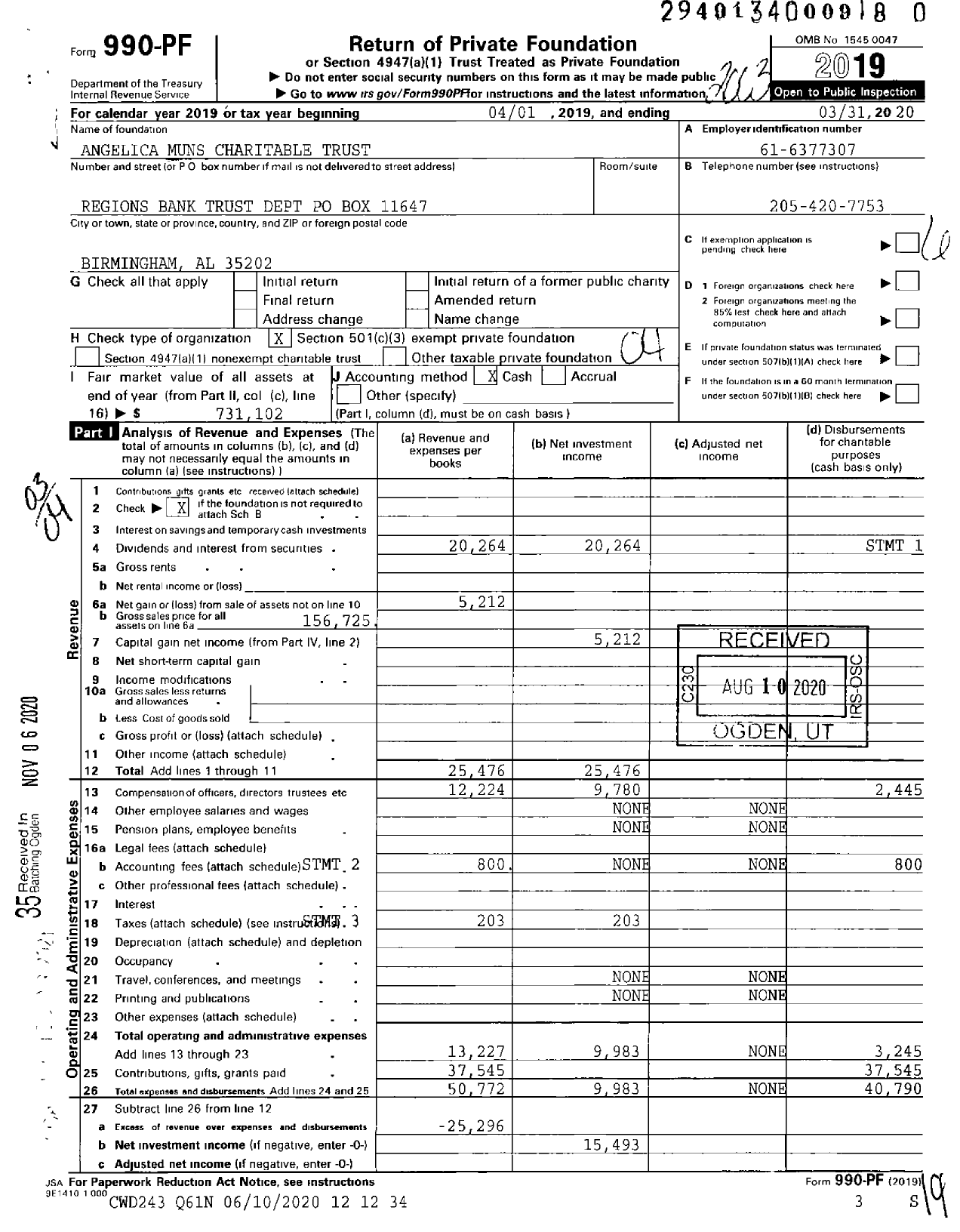 Image of first page of 2019 Form 990PF for Angelica Muns Charitable Trust