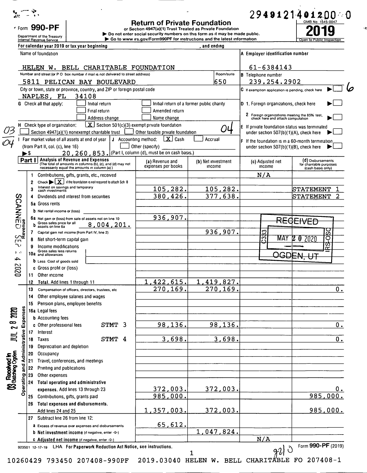 Image of first page of 2019 Form 990PR for Helen W Bell Charitable Foundation