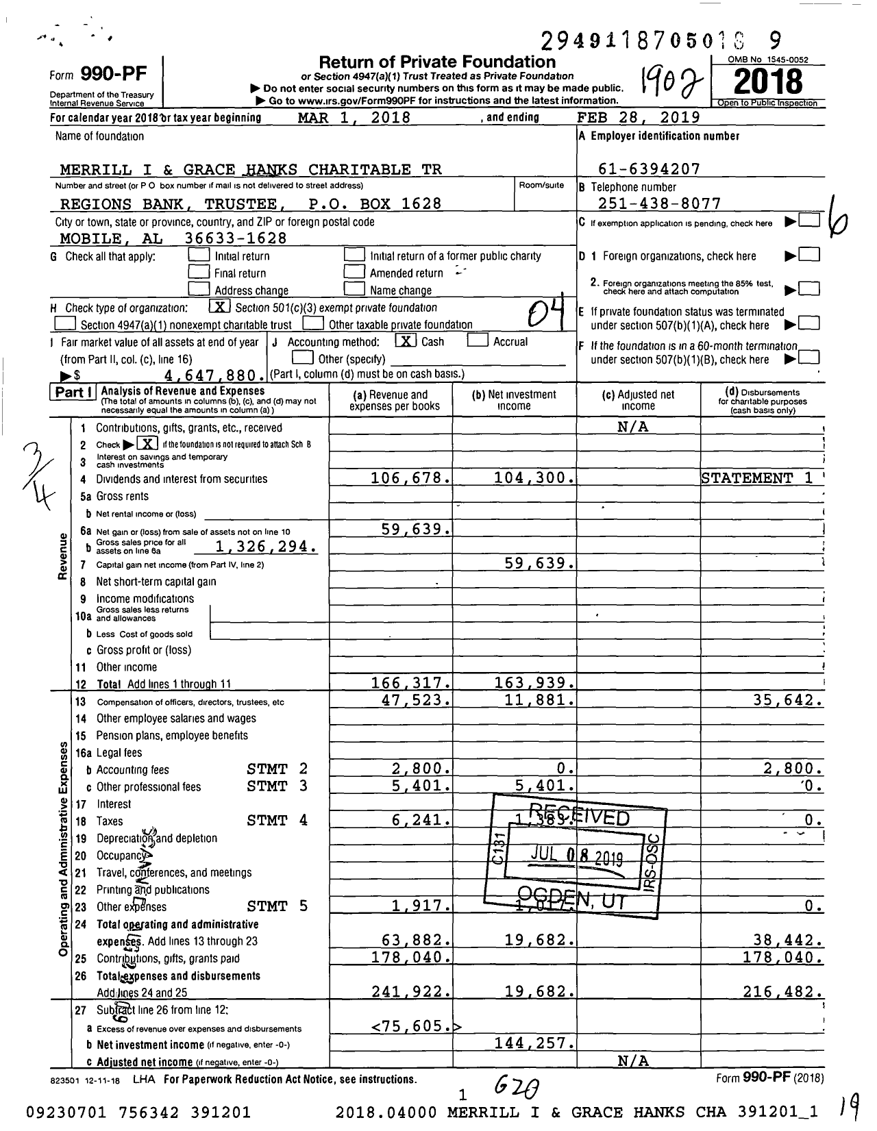 Image of first page of 2018 Form 990PF for Merrill I and Grace Hanks Charitable Trust