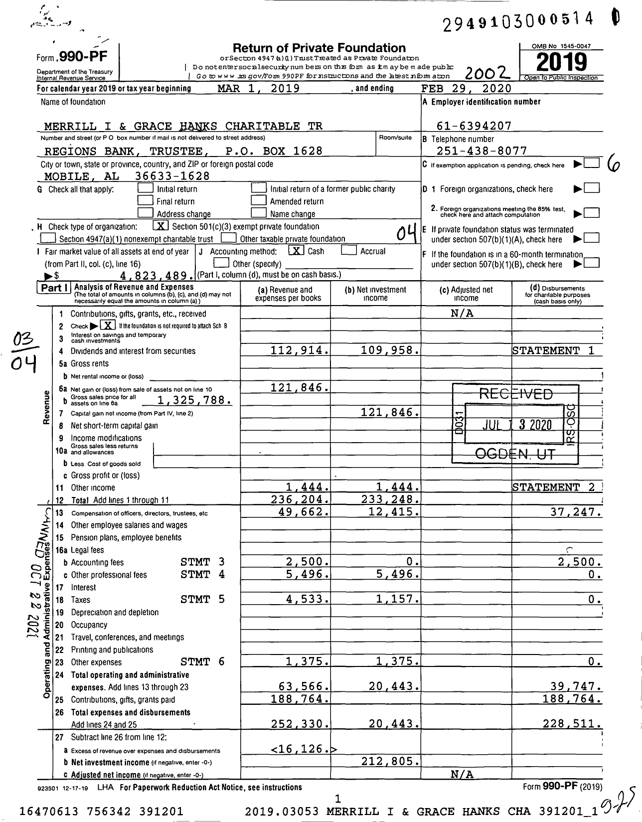 Image of first page of 2019 Form 990PF for Merrill I and Grace Hanks Charitable Trust