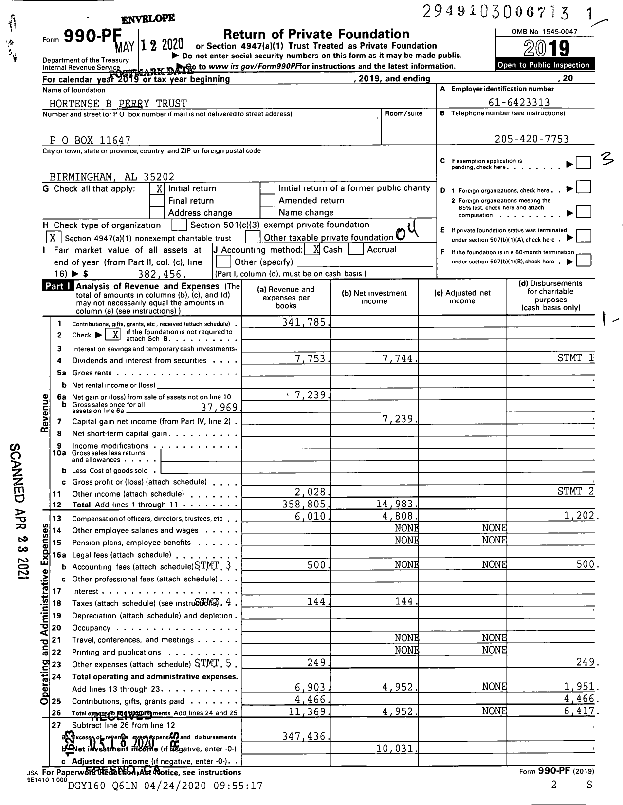 Image of first page of 2019 Form 990PF for Hortense B Perry Trust