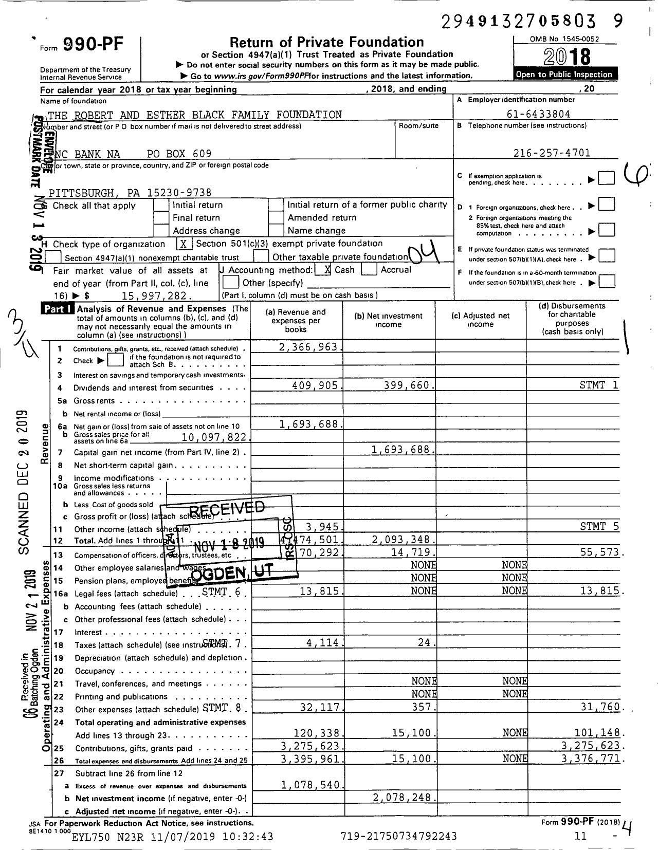 Image of first page of 2018 Form 990PF for The Robert and Esther Black Family Foundation