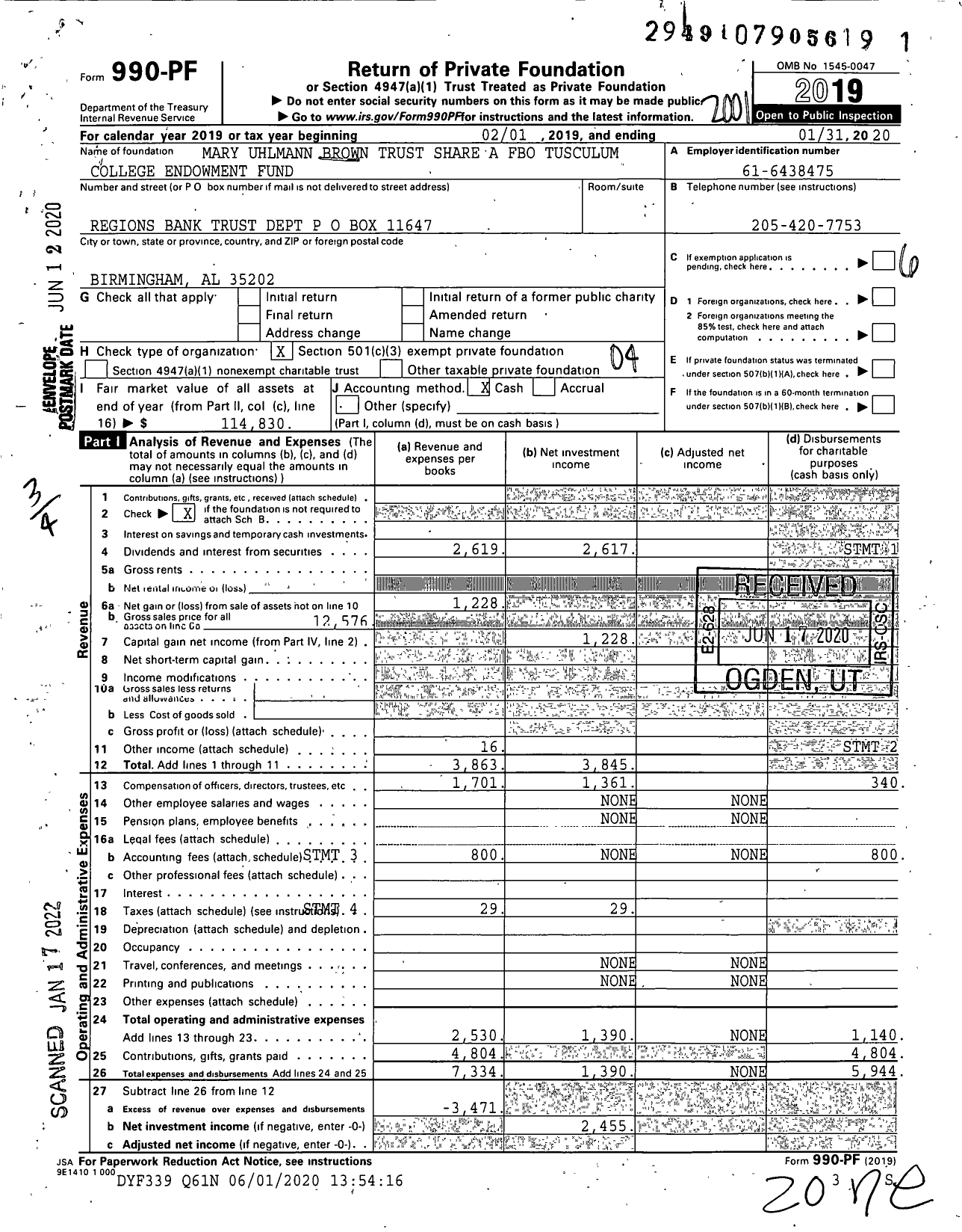 Image of first page of 2019 Form 990PF for Mary Uhlman Brown Share A-Tusculum