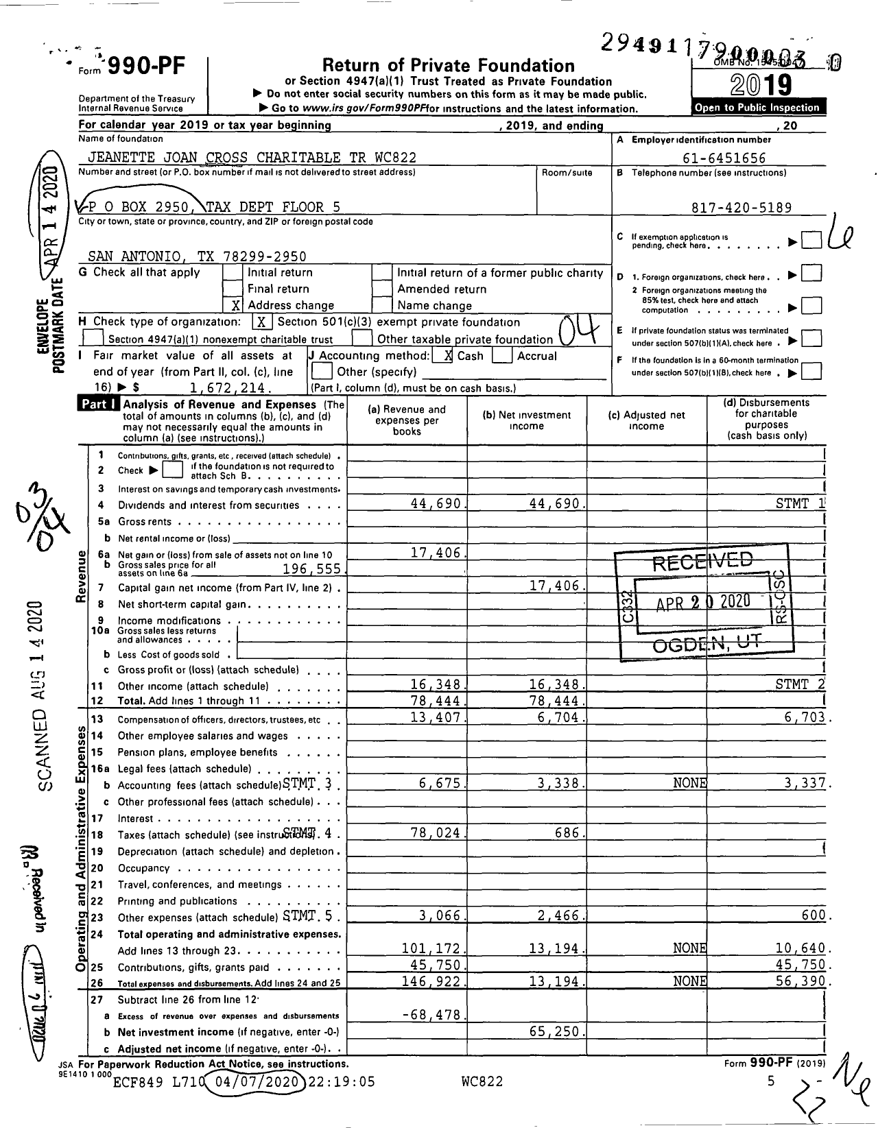 Image of first page of 2019 Form 990PR for Jeanette Joan Cross Charitable Trust WC822