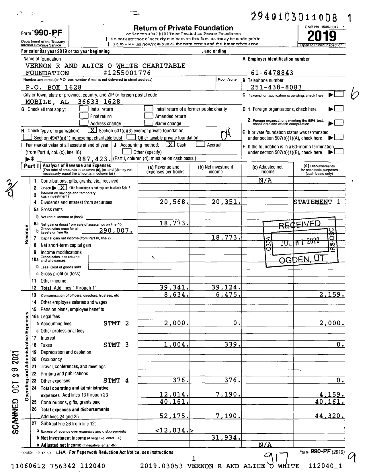 Image of first page of 2019 Form 990PF for Vernon R and Alice O White Charitable Foundation #1255001776