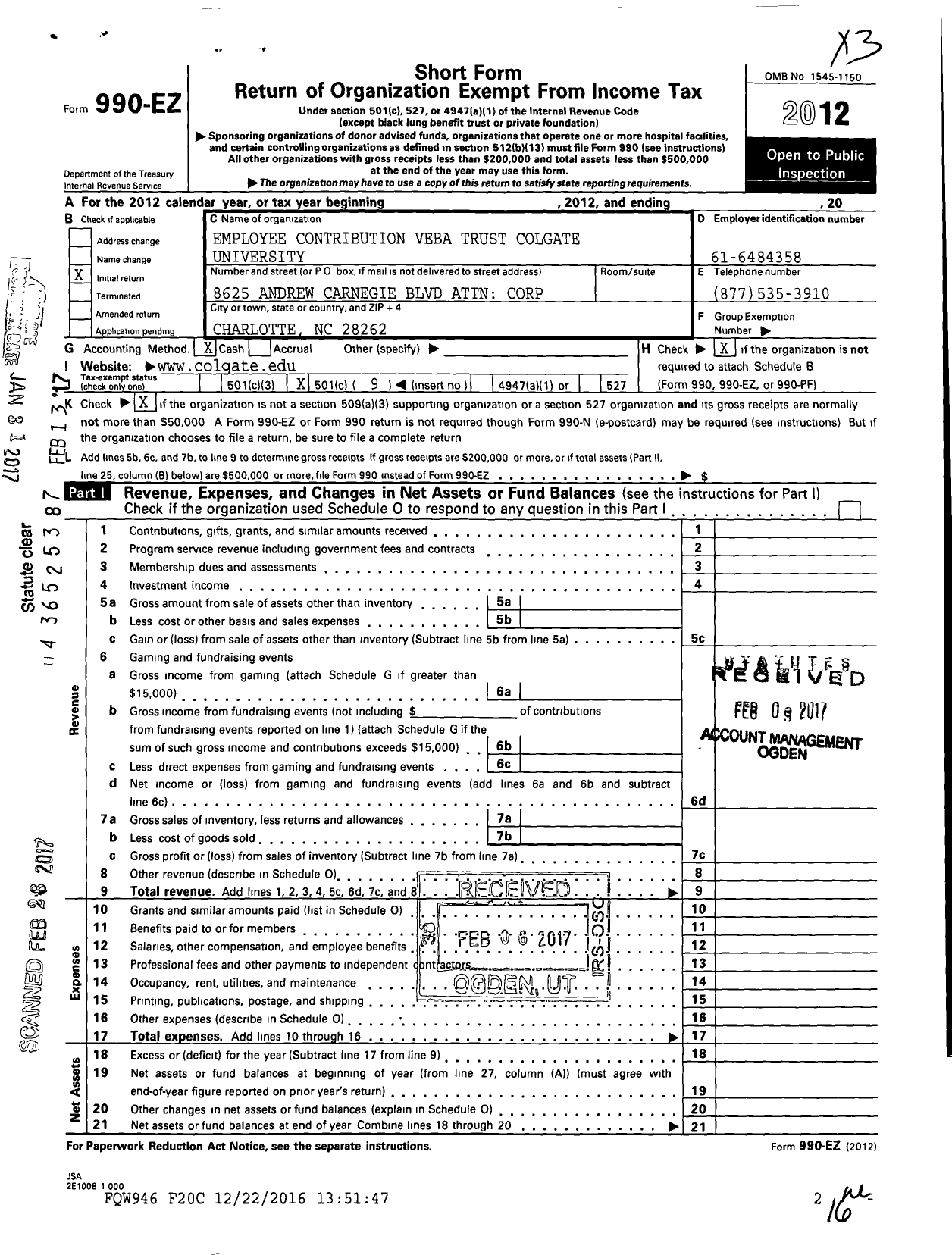 Image of first page of 2012 Form 990EO for Employee After-Tax Contribution Veba Trust for Colgate University