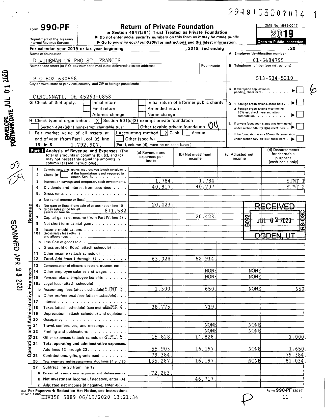 Image of first page of 2019 Form 990PF for D Wideman TR Fbo St Francis