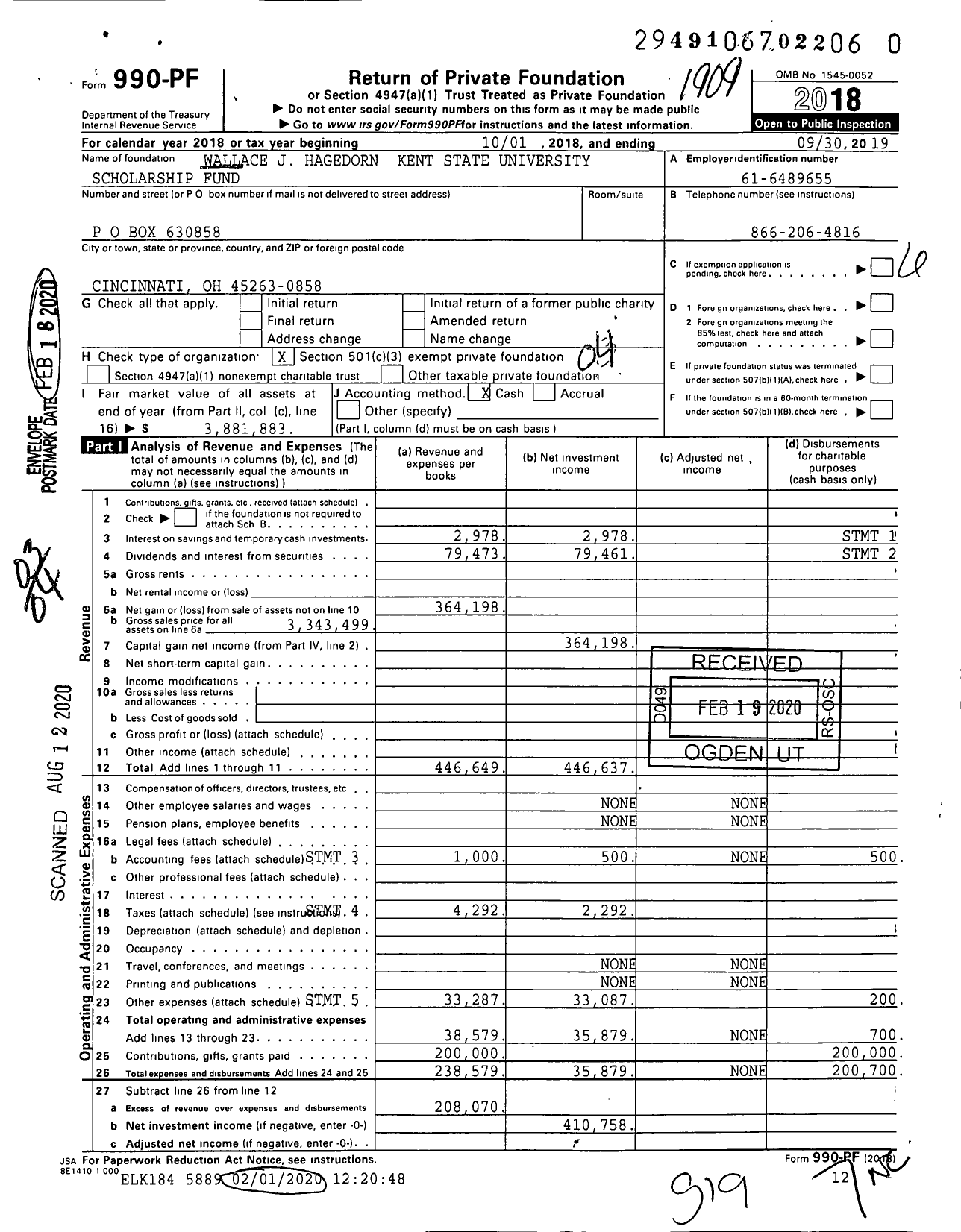 Image of first page of 2018 Form 990PR for Wallace J Hagedorn Kent State University