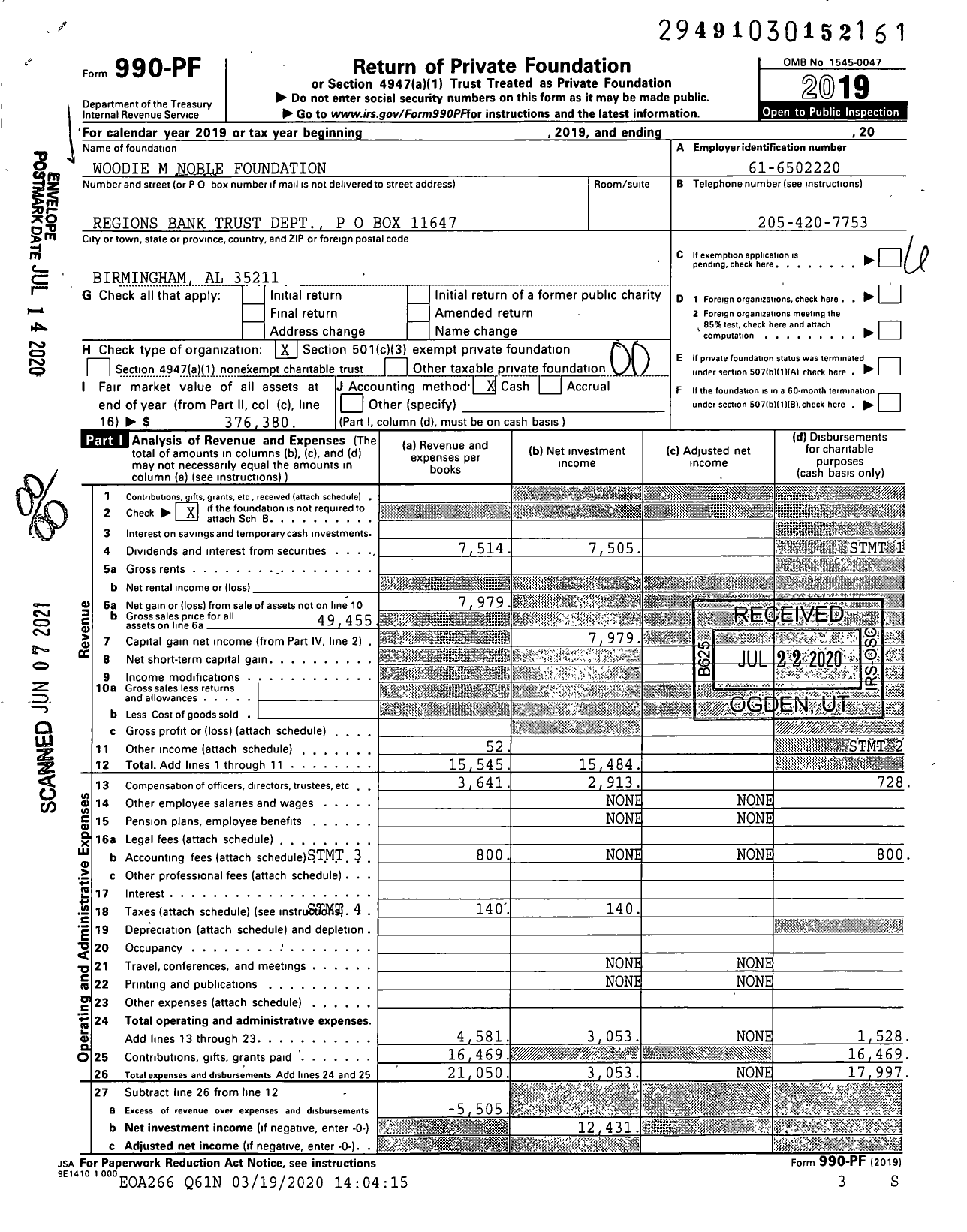 Image of first page of 2019 Form 990PF for Woodie M Noble Foundation