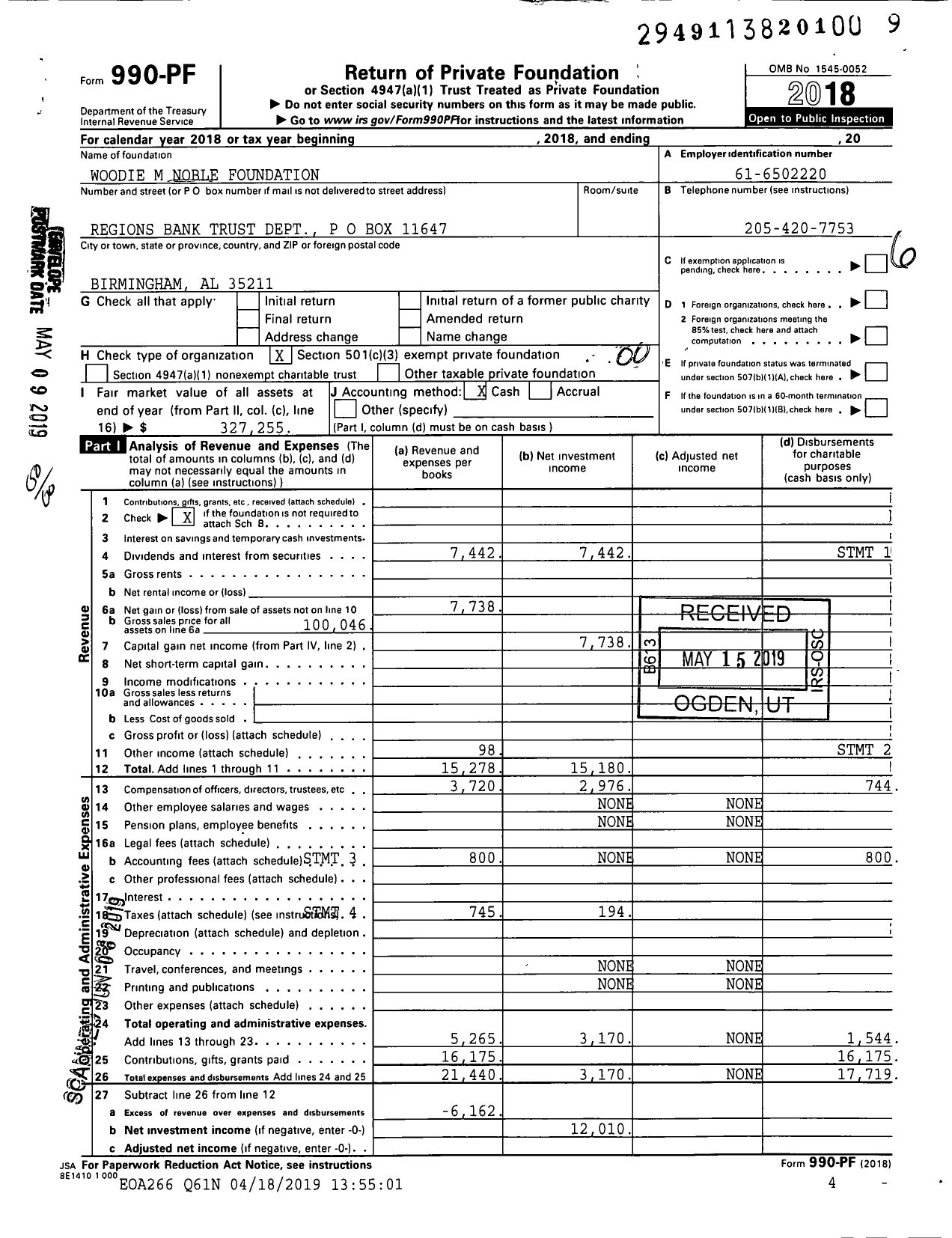 Image of first page of 2018 Form 990PF for Woodie M Noble Foundation