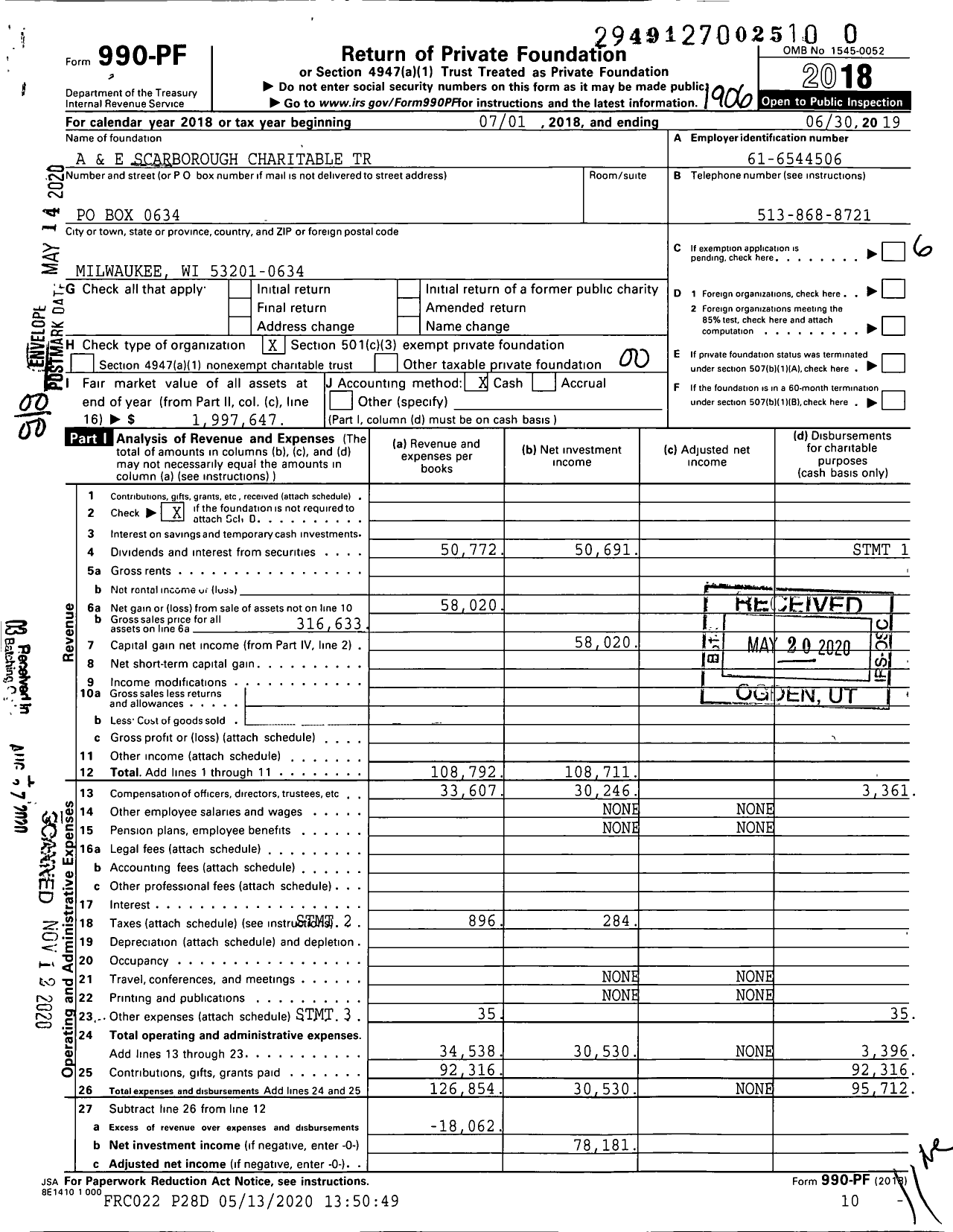 Image of first page of 2018 Form 990PF for A and E Scarborough Charitable Trust