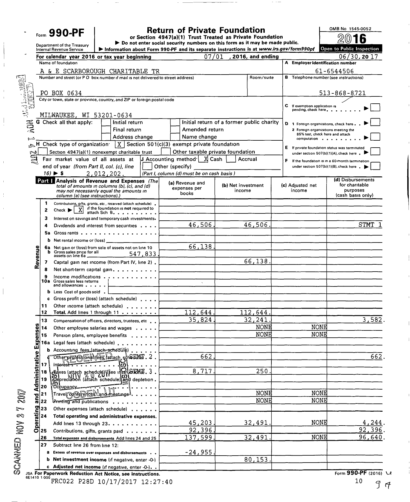 Image of first page of 2016 Form 990PF for A and E Scarborough Charitable Trust