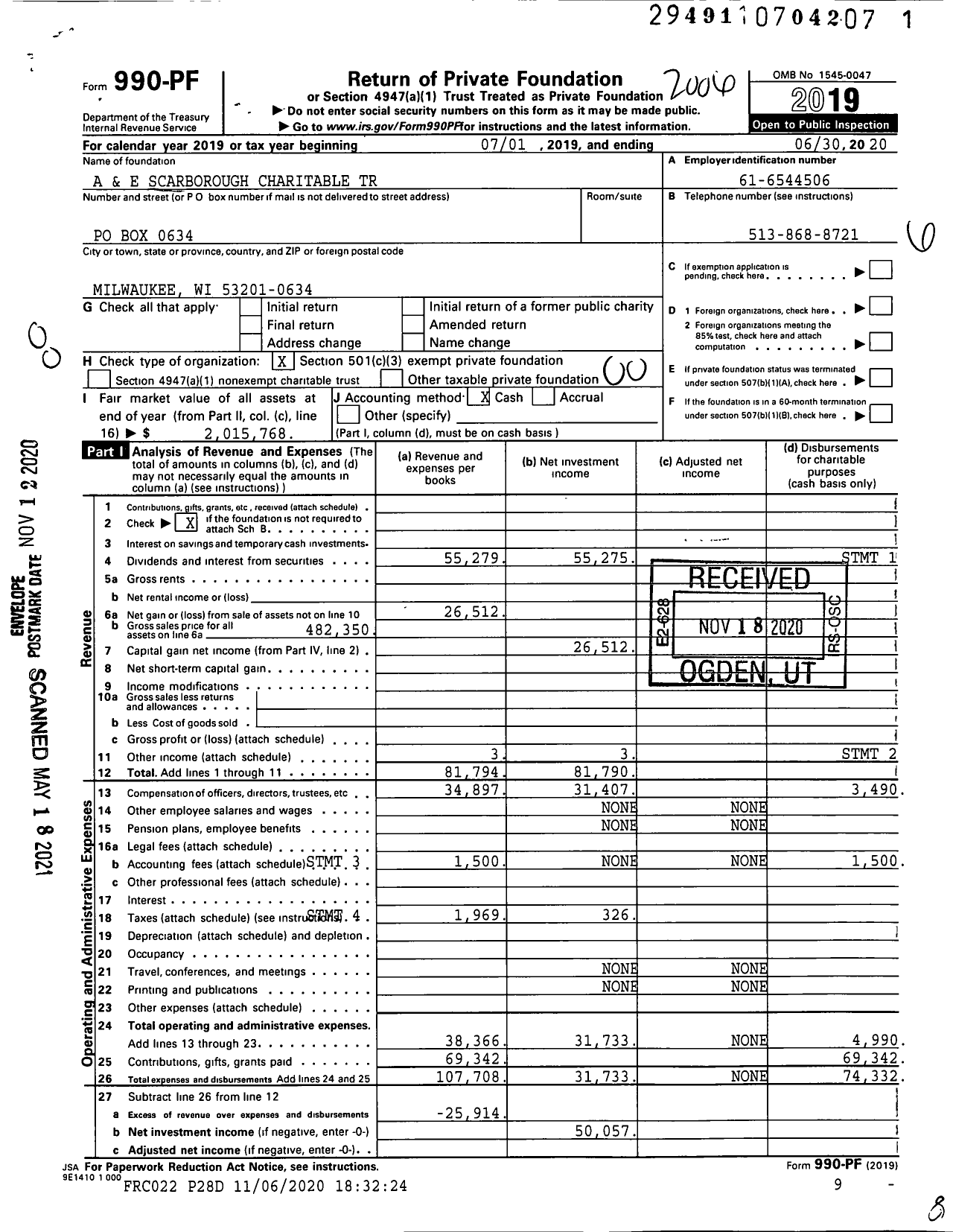 Image of first page of 2019 Form 990PF for A and E Scarborough Charitable Trust