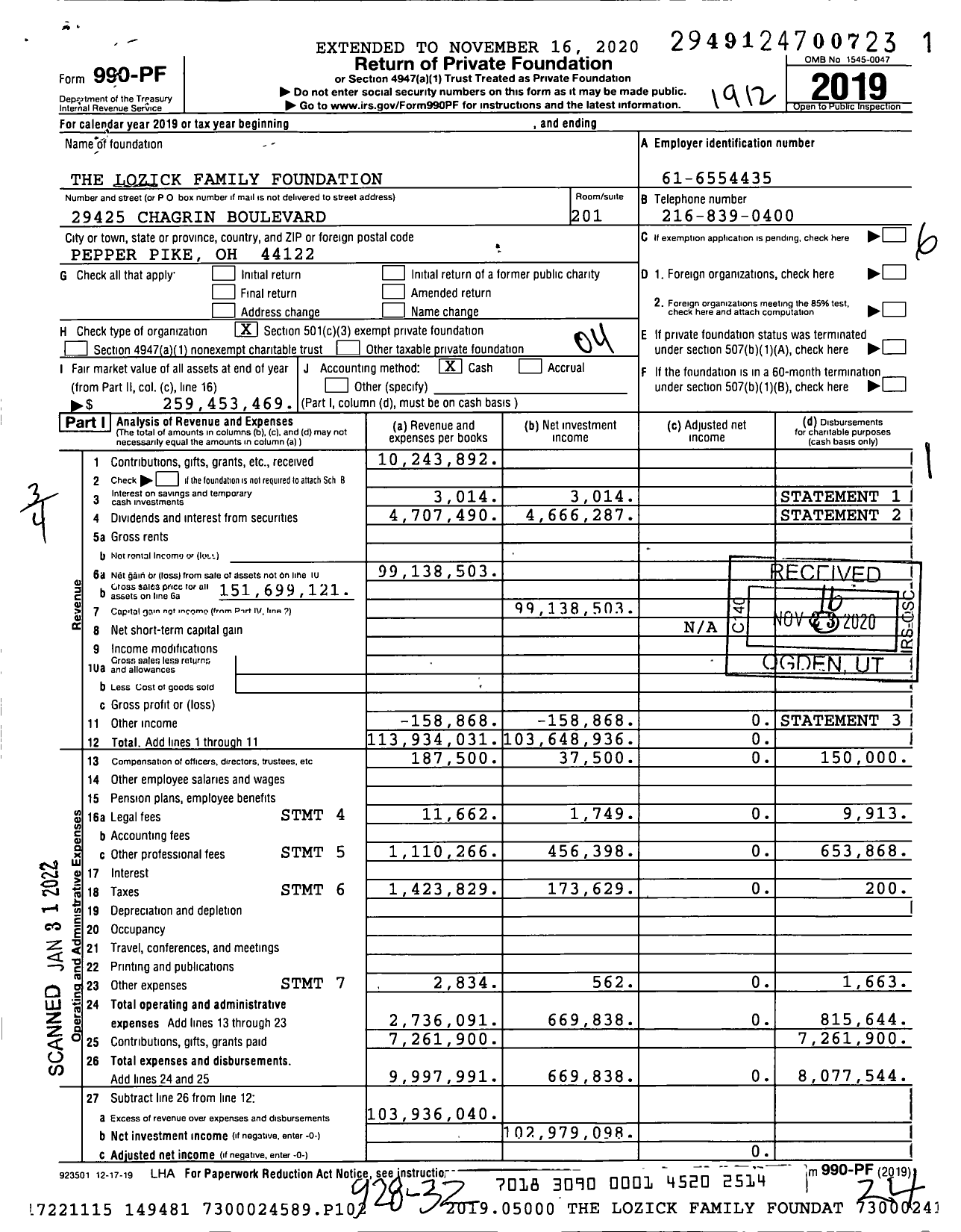 Image of first page of 2019 Form 990PF for The Lozick Family Foundation
