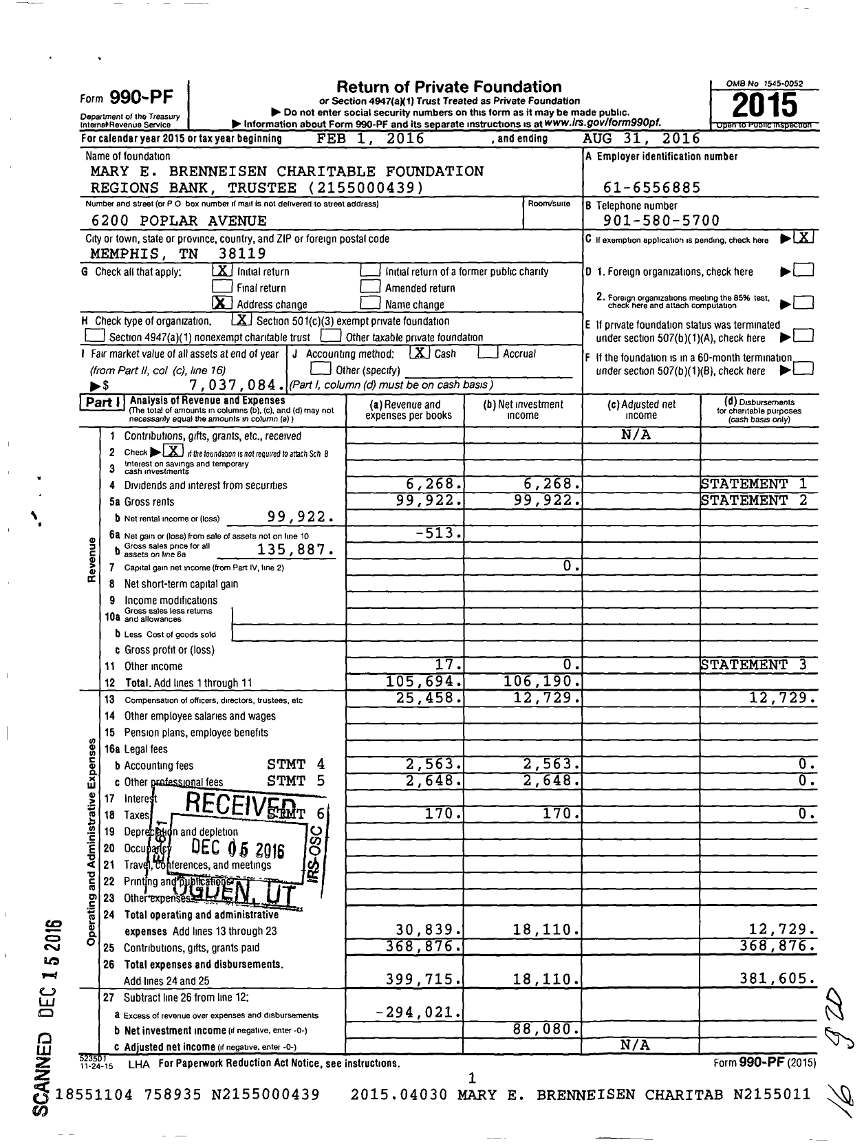 Image of first page of 2015 Form 990PF for Mary E Brenneisen Charitable Foundation Regions Bank Trustee