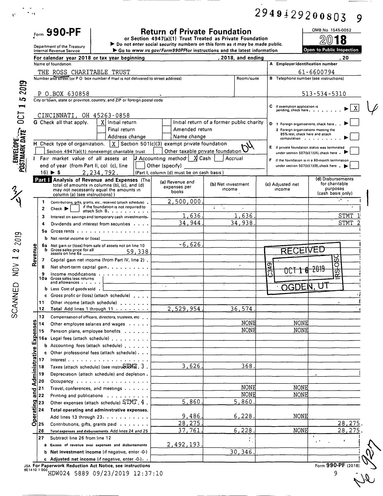 Image of first page of 2018 Form 990PF for The Ross Charitable Trust